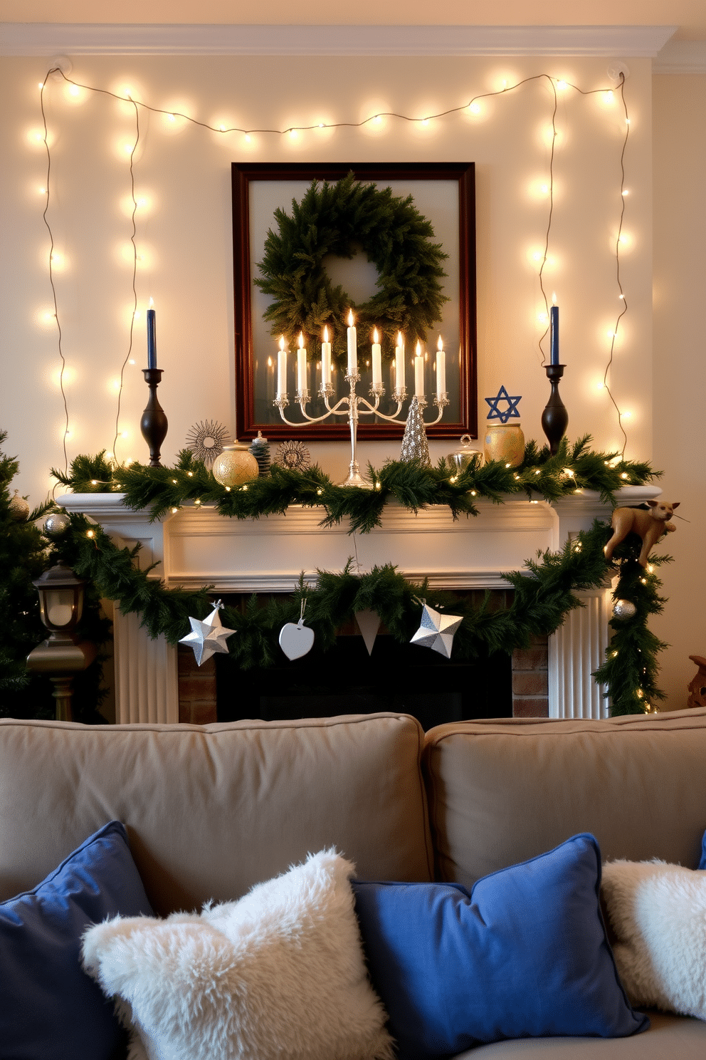 A cozy living room adorned for Hanukkah. String lights are elegantly draped around the mantel, casting a warm glow over the festive decorations. The mantel features a beautiful display of menorahs and dreidels, complemented by garlands of greenery. Soft, plush cushions in blue and white are arranged on the sofa, inviting relaxation during the holiday celebrations.