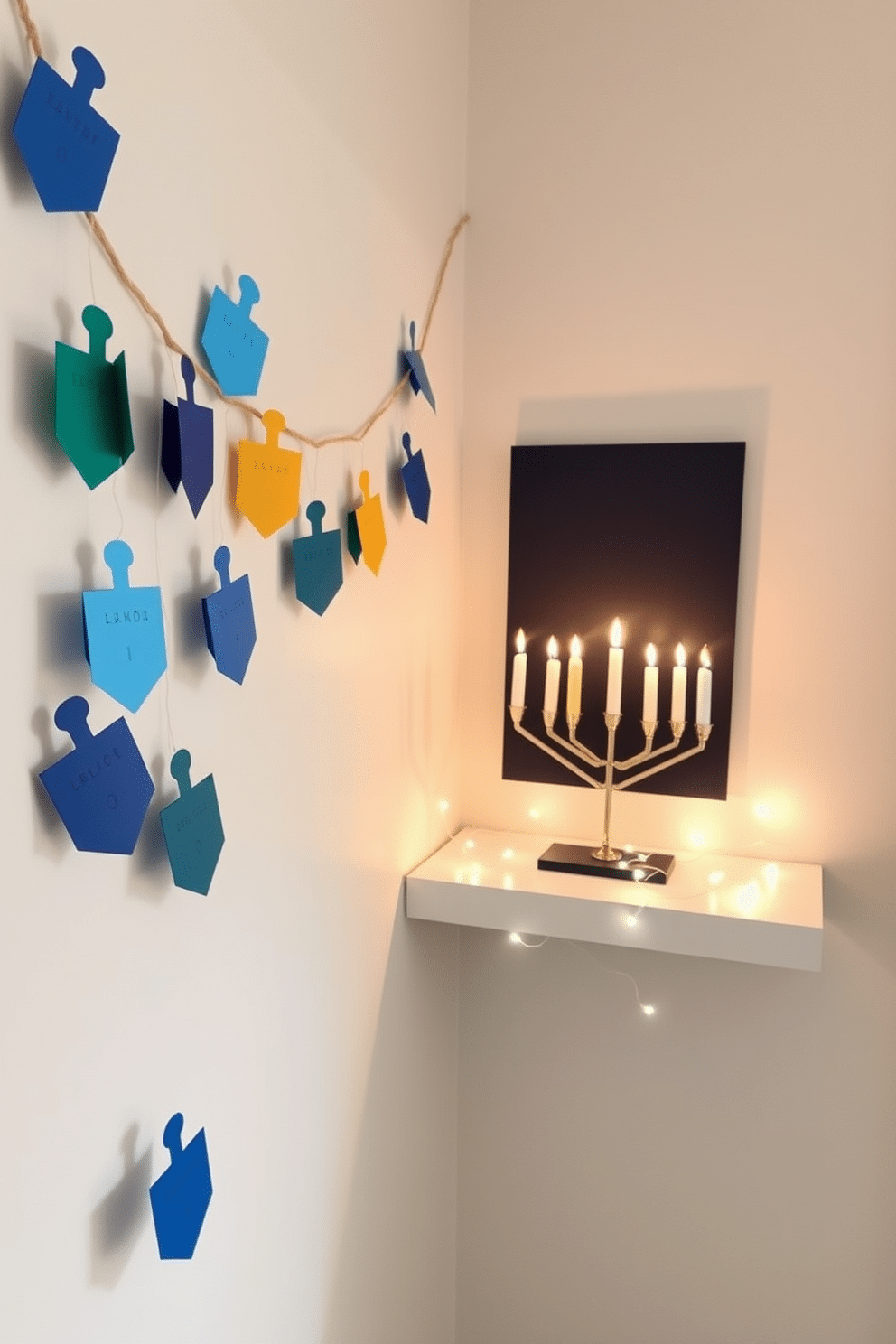 A festive DIY dreidel garland hangs across the wall, made from colorful paper cutouts of dreidels strung together with twine. The vibrant hues of blue, gold, and silver create a cheerful atmosphere, perfect for celebrating Hanukkah in style. In a cozy corner, small space Hanukkah decorating ideas come to life with a compact menorah on a floating shelf. Soft fairy lights twinkle around the shelf, enhancing the warm glow of the candles and bringing a festive spirit to the limited space.