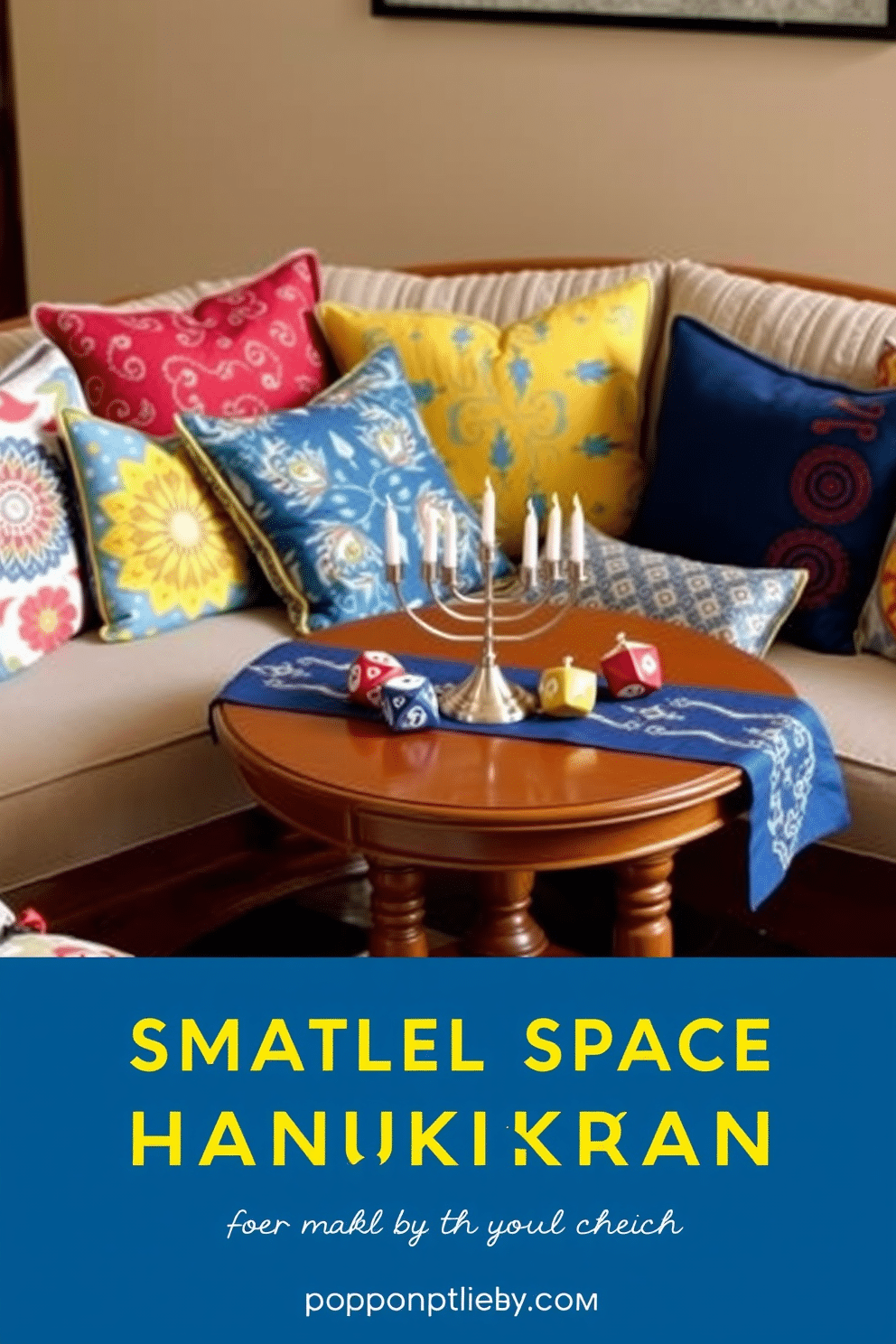 Colorful cushions in various patterns and textures are arranged on a plush sofa, creating an inviting and cozy seating area. The cushions feature vibrant hues of blue, yellow, and red, harmonizing beautifully with the warm wood tones of the furniture. For a small space Hanukkah celebration, a compact dining table is adorned with a simple yet elegant blue and white tablecloth. Centered on the table is a menorah, surrounded by decorative dreidels and a few candles, creating a festive atmosphere without overwhelming the space.