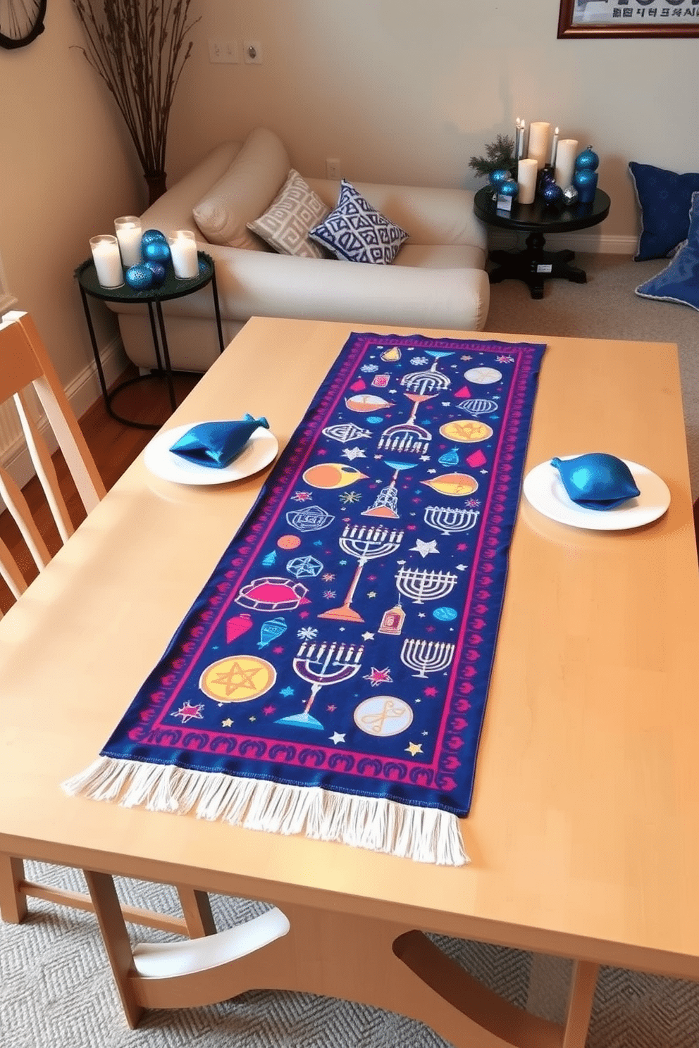 A festive table setting adorned with a vibrant table runner featuring traditional Hanukkah symbols, such as menorahs and dreidels. The runner contrasts beautifully against a light-colored table, creating a warm and inviting atmosphere for holiday gatherings. In a cozy living room corner, small decorative elements celebrate Hanukkah, including a mini menorah on a side table and blue and silver ornaments scattered around. Soft lighting from nearby candles adds a touch of elegance, enhancing the festive spirit in the limited space.