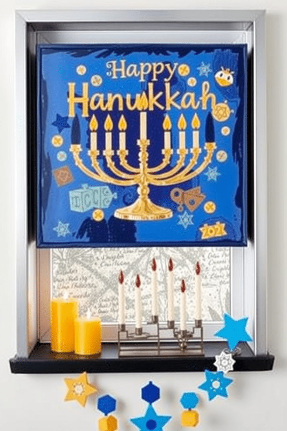 A vibrant wall art piece celebrating Hanukkah features a mix of traditional symbols like the menorah and dreidels, rendered in rich blues and golds. The artwork is framed in a sleek silver frame, adding a modern touch to the festive imagery. For small space Hanukkah decorating ideas, consider using a compact menorah that fits on a windowsill, surrounded by decorative candles in varied heights. Incorporate festive garlands made from paper stars and dreidels to create a cheerful atmosphere without overwhelming the space.