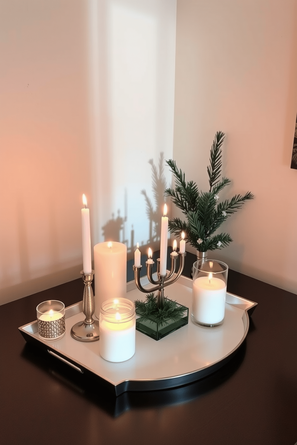 A cozy corner featuring decorative candles in various heights, arranged on a sleek, modern tray. The warm glow from the candles casts soft shadows on the surrounding walls, enhancing the inviting atmosphere. Creative small space Hanukkah decorating ideas that incorporate a blend of traditional elements and contemporary design. A beautifully set table with menorah centerpiece, surrounded by festive decorations that maximize the limited space while maintaining elegance.