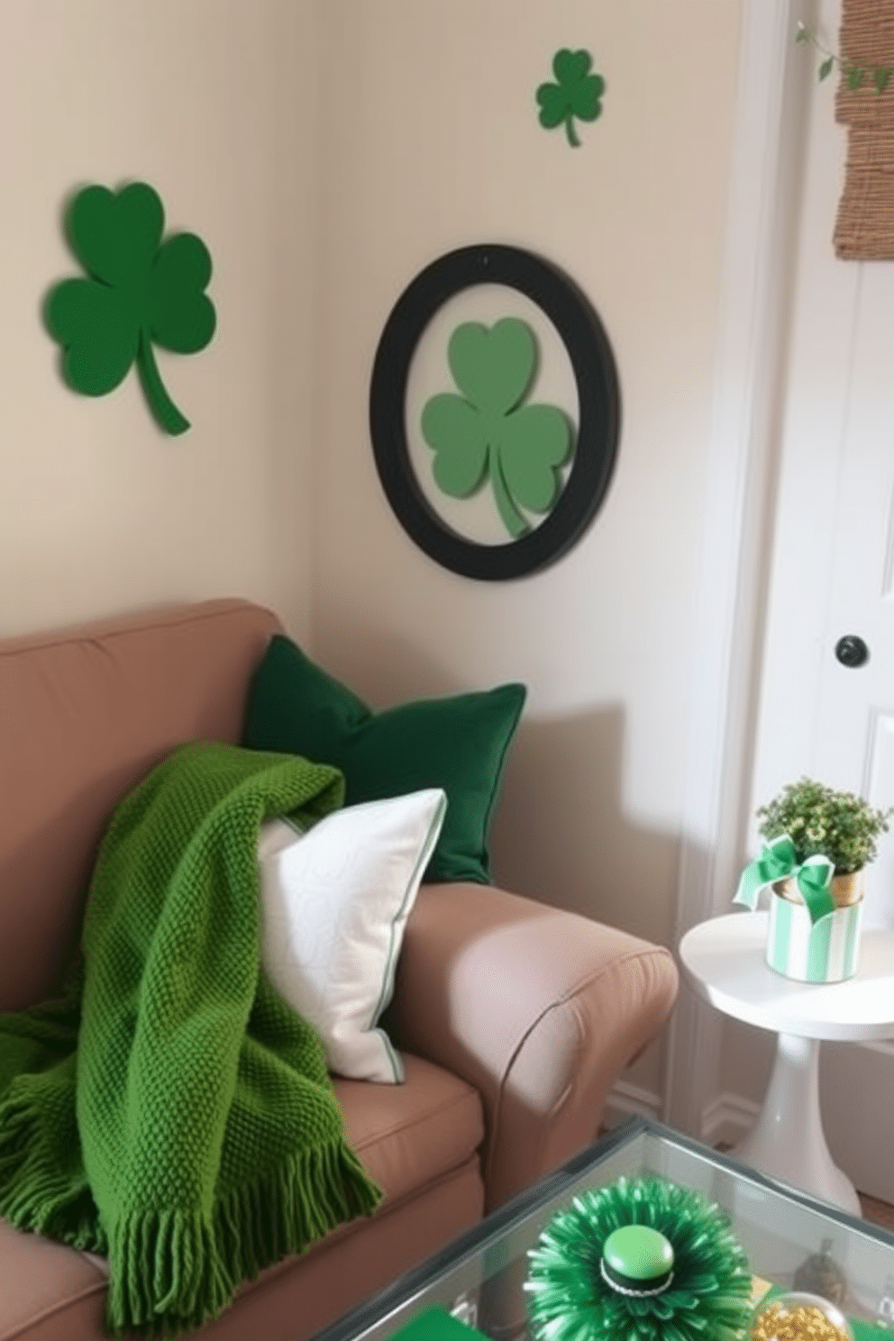 A cozy living area adorned with green throw pillows and soft blankets, creating a welcoming atmosphere. The pillows are arranged artfully on a neutral-toned sofa, while a plush green blanket is draped casually over the armrest. A charming small space decorated for St. Patrick's Day, featuring whimsical accents like shamrock-themed wall art and a festive table centerpiece. The area is enhanced with green and gold decorations, including a small potted plant adorned with a decorative ribbon.