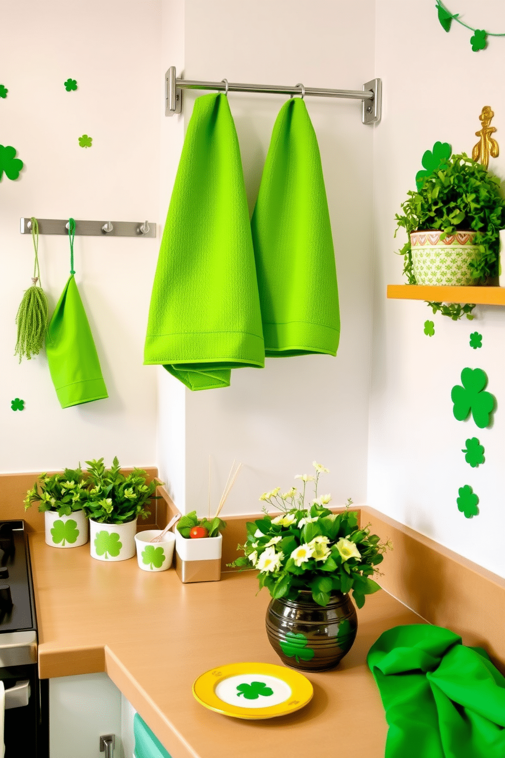 A cozy kitchen featuring vibrant green kitchen towels hanging from a sleek stainless steel rack. The countertops are adorned with fresh herbs in decorative pots, creating a lively and inviting atmosphere. A charming small space decorated for St. Patrick's Day, with green accents and playful shamrock motifs. The walls are adorned with subtle green and gold decorations, while a small table is set with festive tableware and a centerpiece of fresh flowers.