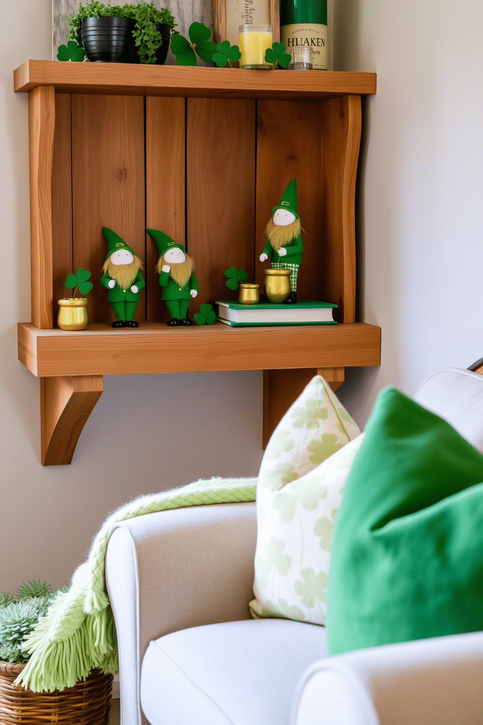 A charming display of miniature leprechaun figurines sits on a rustic wooden shelf, each painted in vibrant greens and golds. Surrounding them are small pots of gold and shamrock decorations, creating a festive atmosphere that captures the spirit of St. Patrick's Day. In a cozy corner of a small living room, a whimsical St. Patrick's Day vignette features a tiny leprechaun perched atop a stack of books. Soft green accents, such as a plush throw and decorative pillows, enhance the space while maintaining a light-hearted and cheerful theme.