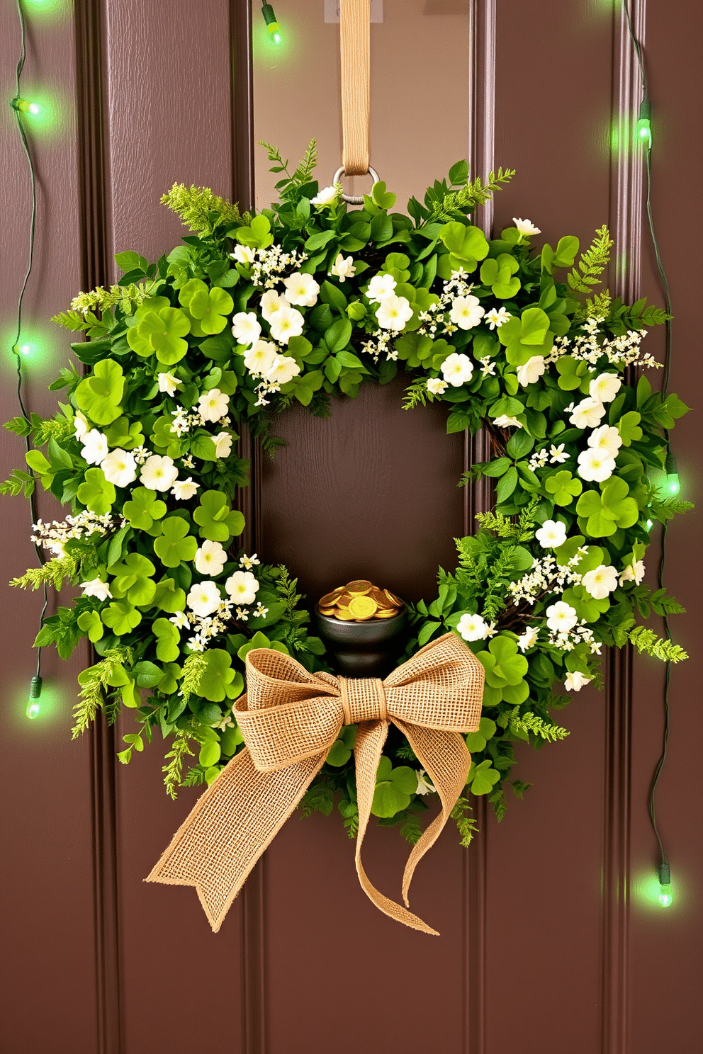 A festive St. Patrick's Day wreath adorned with lush green foliage, vibrant shamrocks, and delicate white flowers, creating a cheerful focal point for your front door. The wreath is accented with a rustic burlap bow, adding a touch of charm and warmth to the entryway. In a small space, consider using a compact table adorned with a simple green tablecloth, topped with a small centerpiece of gold coins and a few shamrock sprigs. Hang string lights with green bulbs around the room to create a cozy, celebratory atmosphere without overwhelming the space.