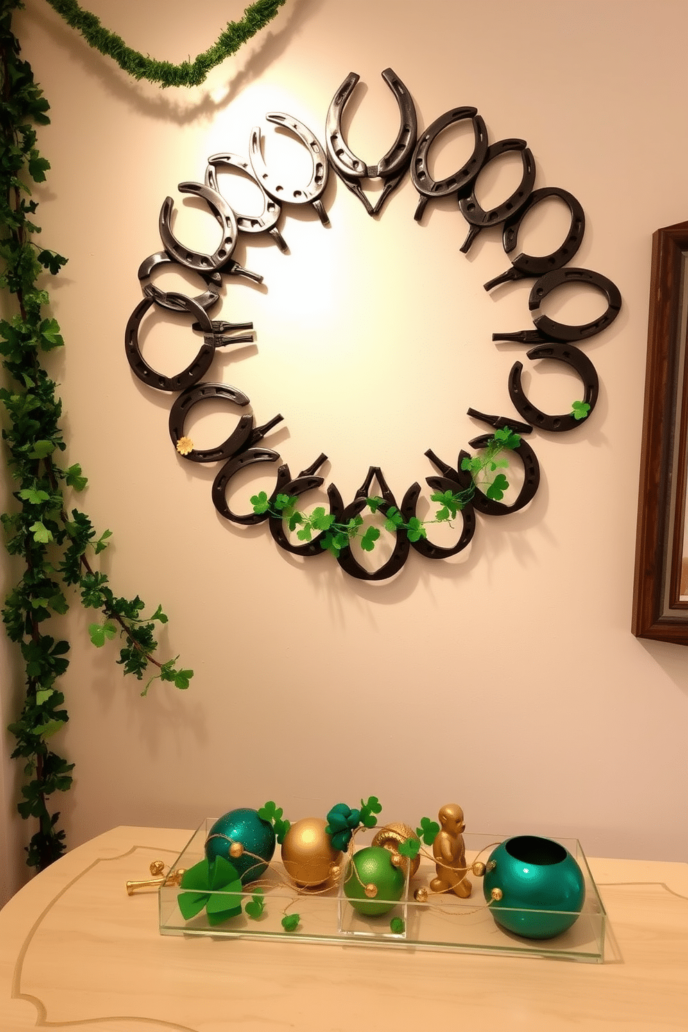 A charming display of horseshoe wall decor creates a rustic yet elegant focal point in the room. The horseshoes are arranged in a creative pattern, complemented by soft lighting that enhances their metallic sheen. For St. Patrick's Day, small spaces can be transformed with festive touches like green garlands and miniature shamrocks. A delicate table centerpiece featuring a mix of gold and green accents adds a cheerful atmosphere without overwhelming the area.