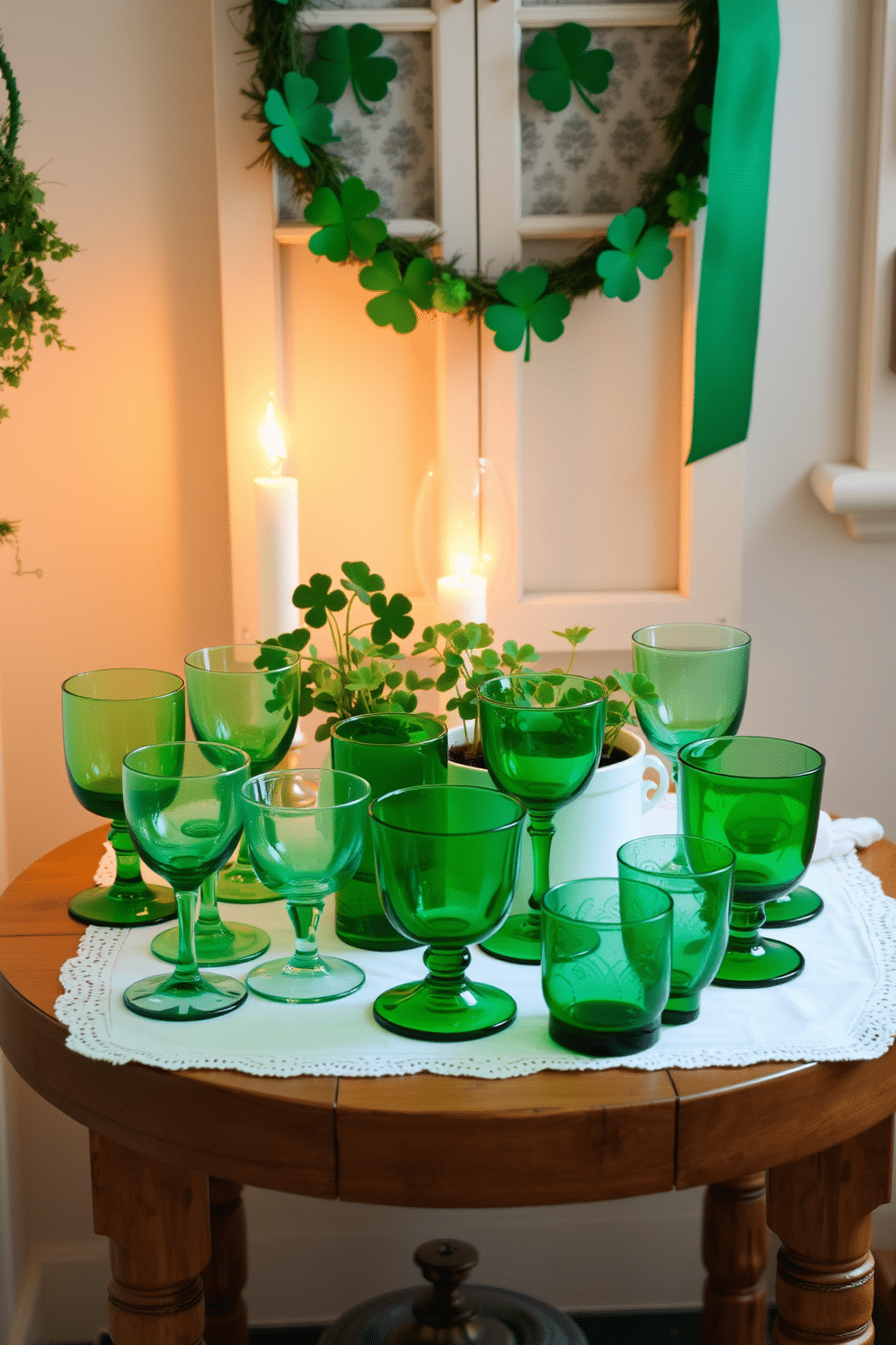 A charming display of green glassware set on a rustic wooden table. The glasses vary in shape and size, reflecting light beautifully, and are complemented by a simple white tablecloth. For St. Patrick's Day, the small space is adorned with festive decorations. A cluster of shamrock plants in decorative pots and a few gold accents create a warm and inviting atmosphere.