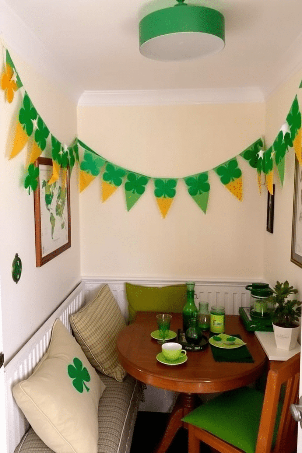 A charming small space decorated for St. Patrick's Day features vibrant Irish flag bunting strung across the walls, adding a festive touch to the room. The decor includes green accents, such as cushions and tableware, creating a cozy and inviting atmosphere for the holiday celebration.