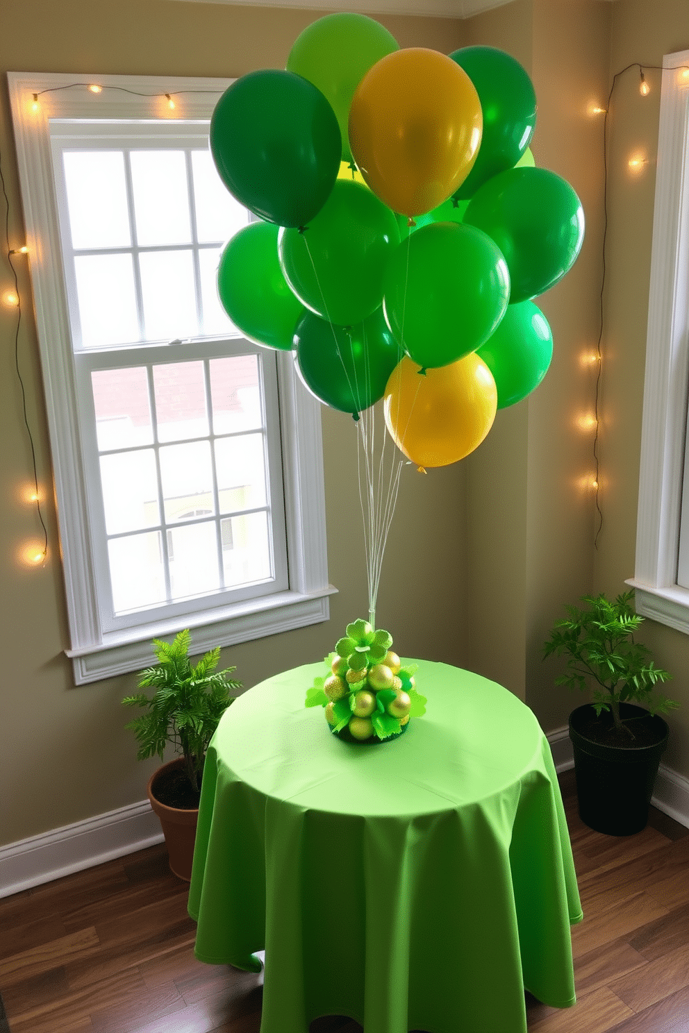 A festive St. Patrick's Day celebration is enhanced by a cluster of green and gold balloons, floating gracefully above a small dining table. The table is adorned with a bright green tablecloth, and a centerpiece featuring a whimsical arrangement of shamrocks and gold accents adds a playful touch. In the corners of the room, small potted plants with vibrant green foliage complement the holiday theme. String lights with a warm glow frame the windows, creating an inviting atmosphere for guests to enjoy the festivities.