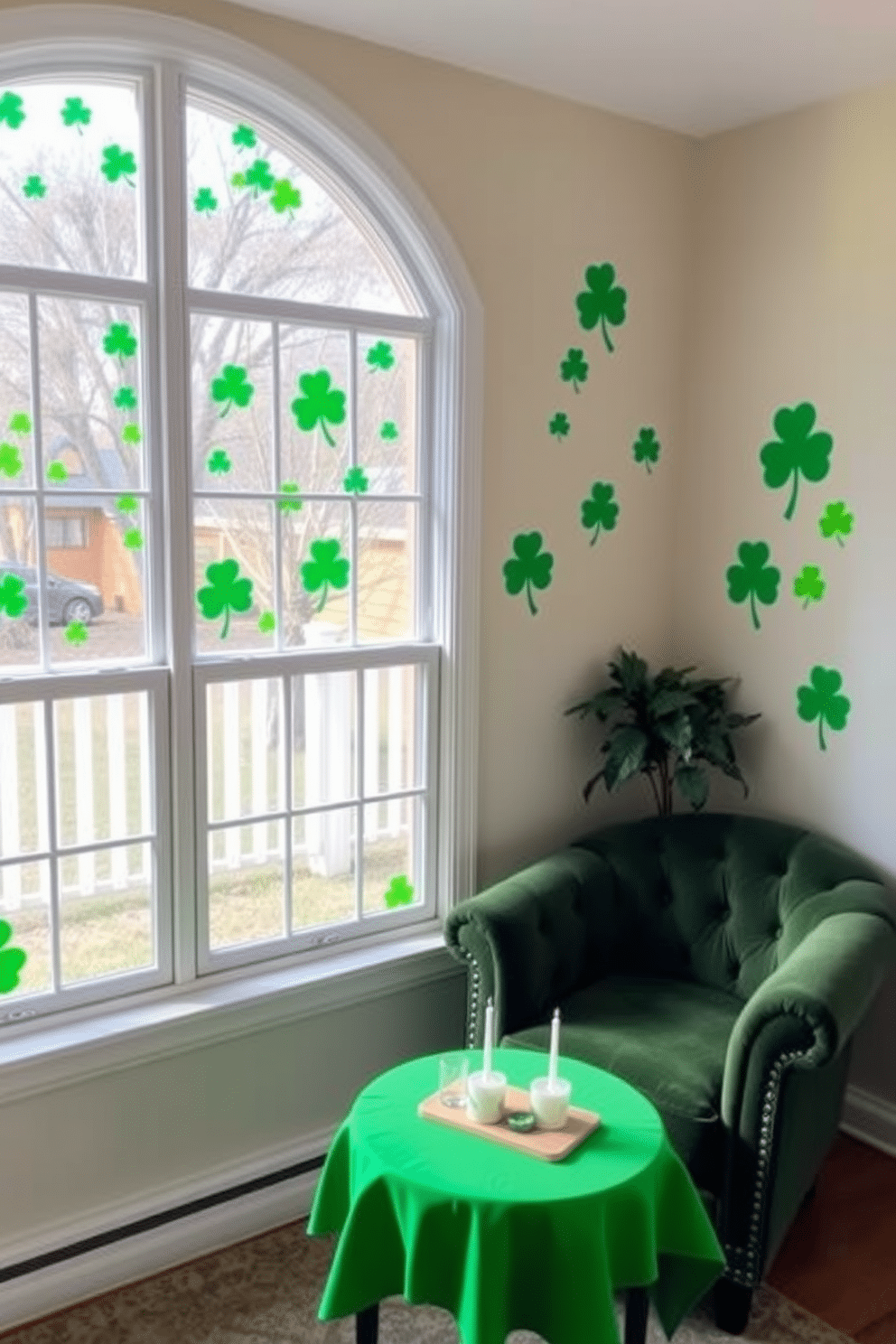 A cozy living room adorned with shamrock window decals that add a festive touch for St. Patrick's Day. The decals feature various shades of green and are strategically placed to create a cheerful atmosphere while allowing natural light to filter through. In the corner, a small table is set up with a vibrant green tablecloth, decorated with miniature shamrocks and candles. A plush armchair in a complementary color invites relaxation, making the space perfect for celebrating the holiday in style.