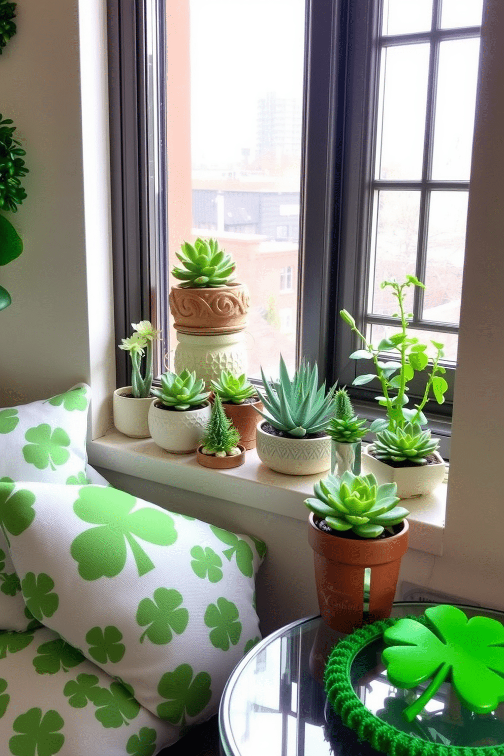 A vibrant collection of green succulents in various decorative pots is arranged on a sunny windowsill. The pots vary in texture and design, adding visual interest to the small space, while the lush greenery brings a refreshing touch of nature indoors. For St. Patrick's Day, the small living area is adorned with whimsical decorations that celebrate the holiday. Soft green accents, such as shamrock-patterned cushions and a festive table centerpiece, create a cheerful and inviting atmosphere.