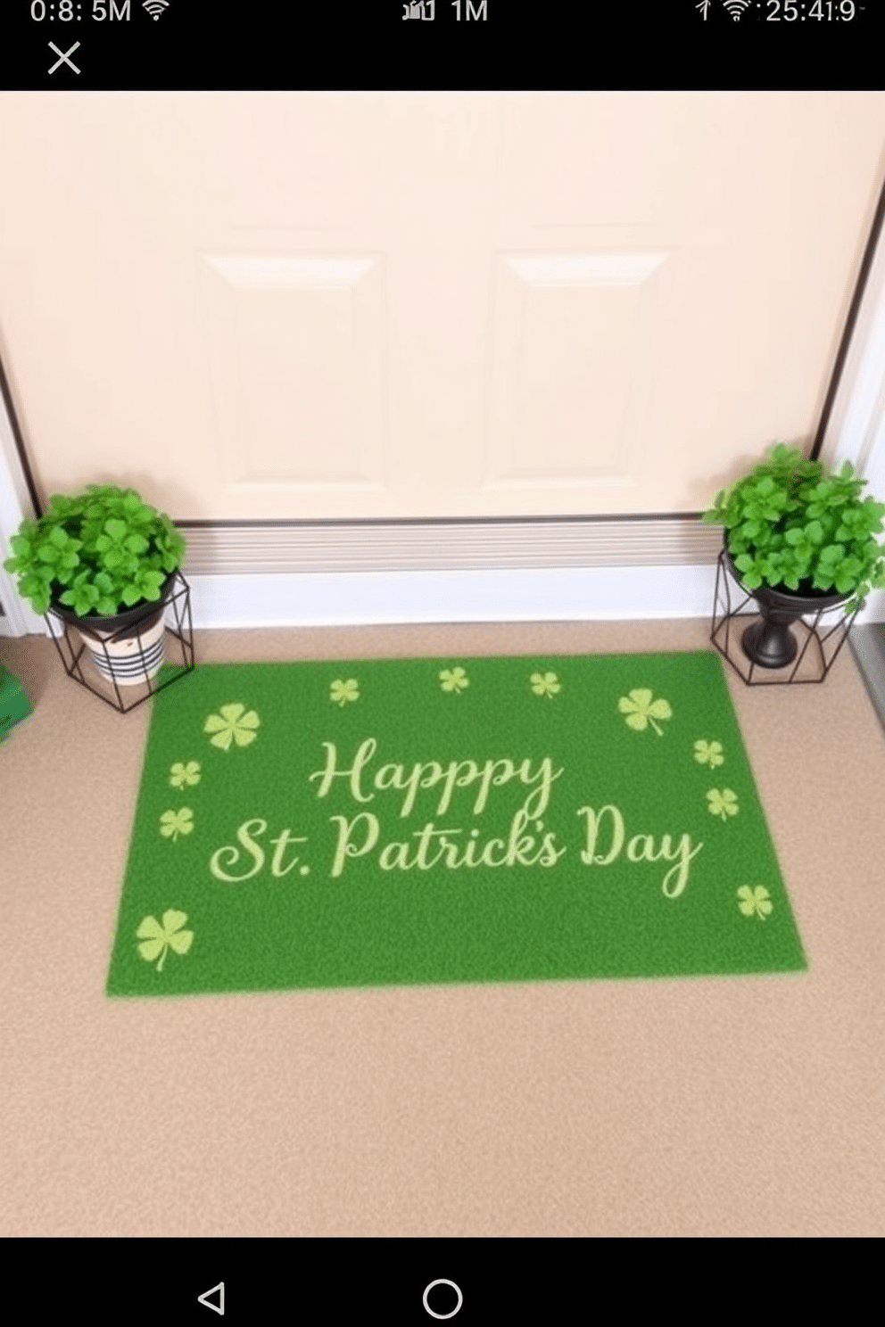 A charming St. Patrick's Day doormat featuring a vibrant green background adorned with playful shamrocks and a welcoming 