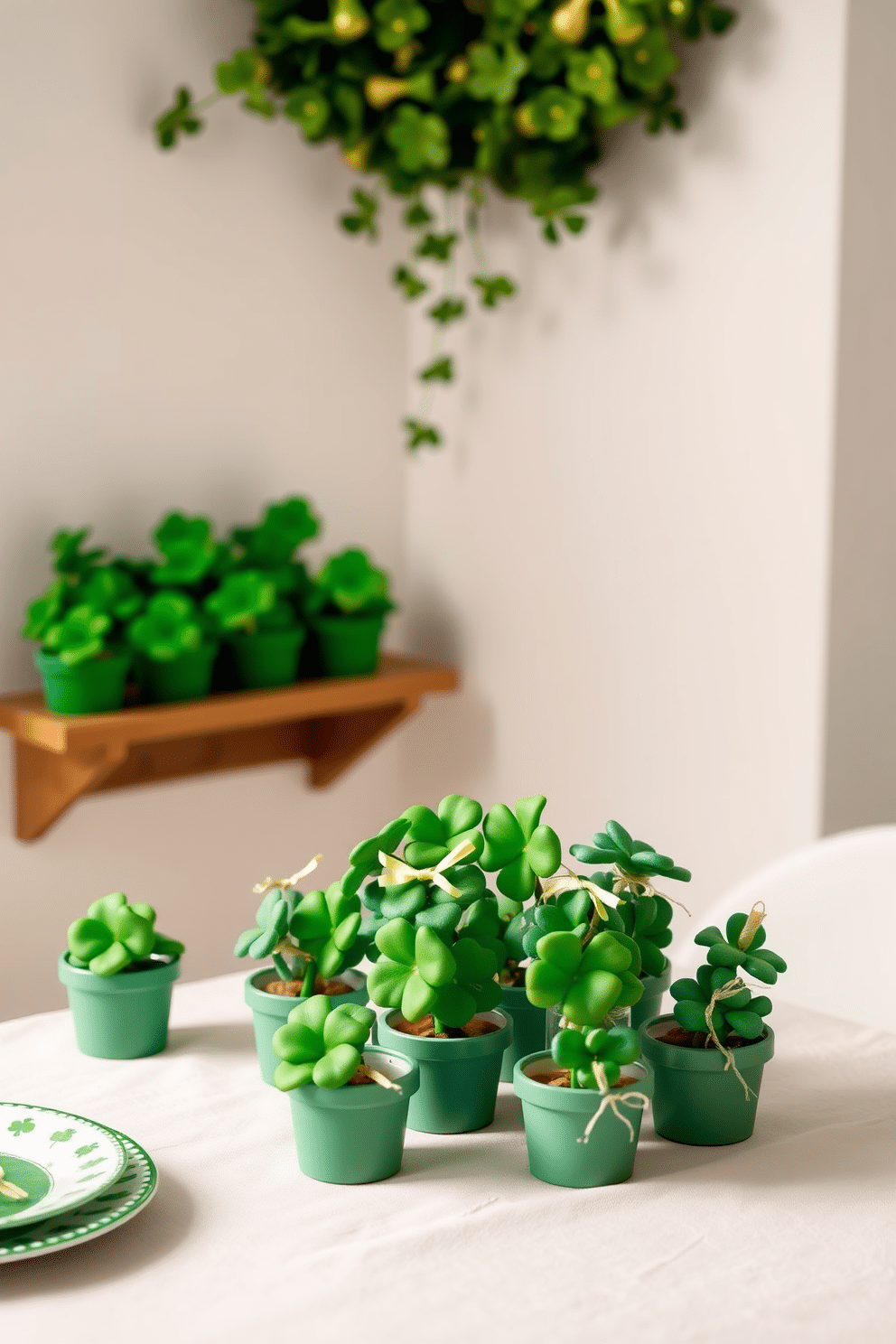 A cozy corner featuring mini shamrock potted plants in vibrant green hues, arranged on a small wooden shelf. The backdrop is a soft white wall adorned with subtle gold accents, enhancing the festive St. Patrick's Day spirit. A charming table setting with a cluster of mini shamrock pots, each adorned with tiny decorative ribbons. The table is draped in a light linen cloth, complemented by delicate green and white tableware that celebrates the holiday's theme.