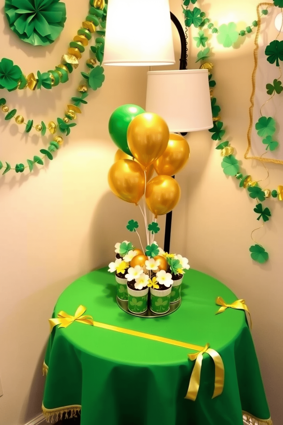 A cozy corner decorated for St. Patrick's Day features a small table adorned with a green tablecloth and gold ribbon accents. On the table, a cluster of miniature shamrocks in decorative pots complements a whimsical centerpiece of gold and green balloons. The walls are adorned with festive garlands made of green and gold paper, creating a cheerful atmosphere. Soft lighting from a nearby lamp enhances the inviting ambiance, making it perfect for celebrating the holiday in a small space.