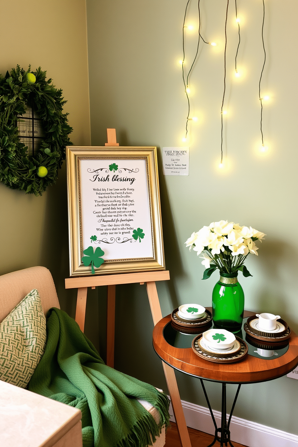 A charming corner features an Irish blessing framed print, elegantly displayed on a light wood easel. The print is surrounded by small decorative elements like a shamrock plant and a cozy green throw blanket draped over a nearby chair. In another area, creative St. Patrick's Day decorating ideas come to life in a compact space. Delicate string lights in shades of green twinkle above a small table adorned with festive tableware and a centerpiece of fresh white flowers in a green vase.