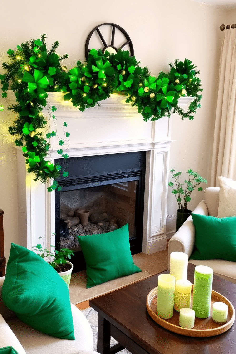 A festive St. Patrick's Day garland drapes elegantly across the mantelpiece, adorned with green shamrocks, twinkling fairy lights, and small golden coins. The garland's vibrant colors create a cheerful atmosphere, perfect for celebrating the holiday. In a cozy living room corner, small decorative elements like potted clovers and green throw pillows add a touch of St. Patrick's Day charm without overwhelming the space. A simple arrangement of green and white candles on a coffee table completes the look, creating a warm and inviting ambiance.