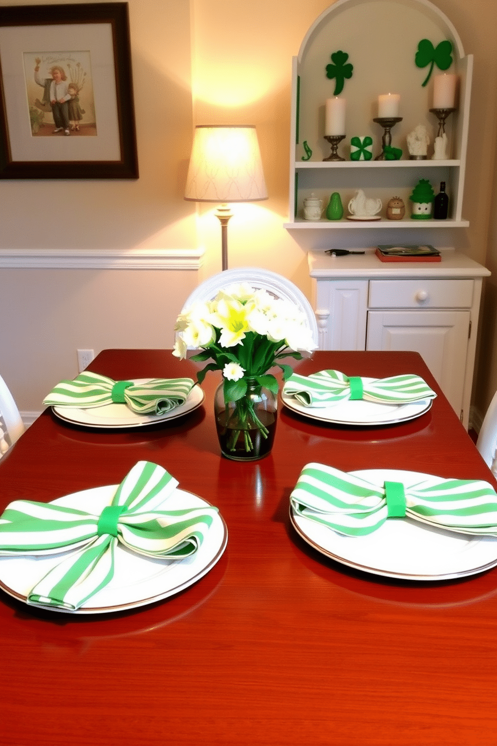 A charming dining setup featuring green and white striped napkins elegantly folded at each place setting. The table is adorned with a simple centerpiece of fresh white flowers in a small vase, creating a festive yet sophisticated atmosphere for St. Patrick's Day. In a cozy corner, a small shelf displays decorative items like shamrock figurines and candles, enhancing the holiday spirit without overwhelming the space. Soft lighting from a nearby lamp casts a warm glow, making the small area inviting and cheerful.