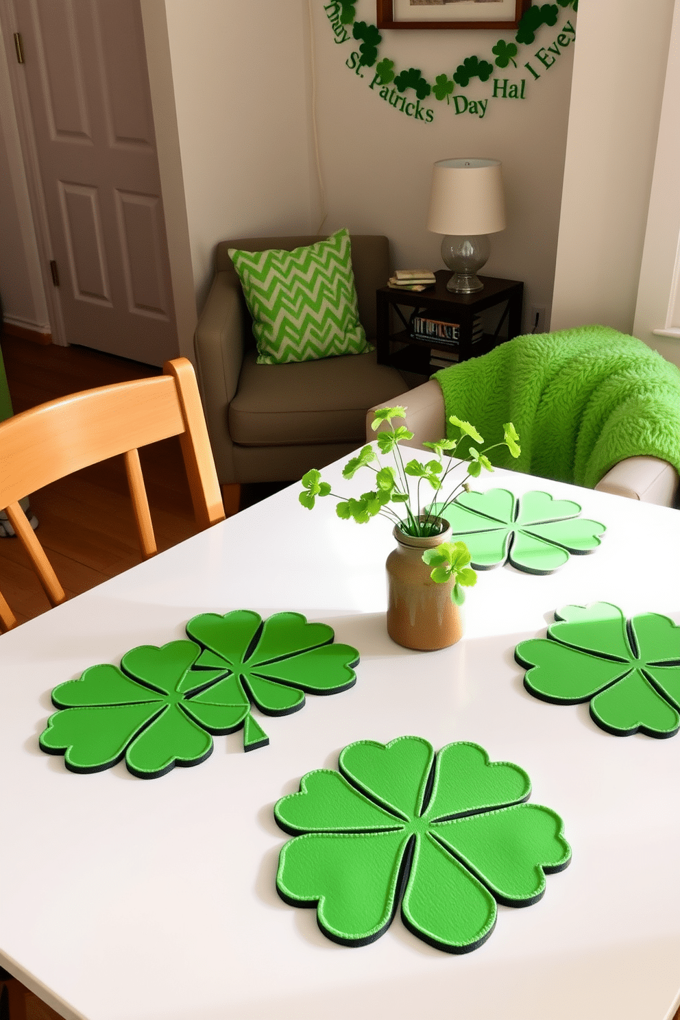 A charming dining table set for St. Patrick's Day, featuring vibrant shamrock placemats that add a festive touch. The table is adorned with a small centerpiece of fresh green flowers in a rustic vase, complemented by delicate gold accents. A cozy corner in a small living space, decorated for St. Patrick's Day with playful shamrock-themed decor. A plush green throw blanket drapes over a comfortable chair, while a whimsical garland of shamrocks hangs on the wall, creating a warm and inviting atmosphere.