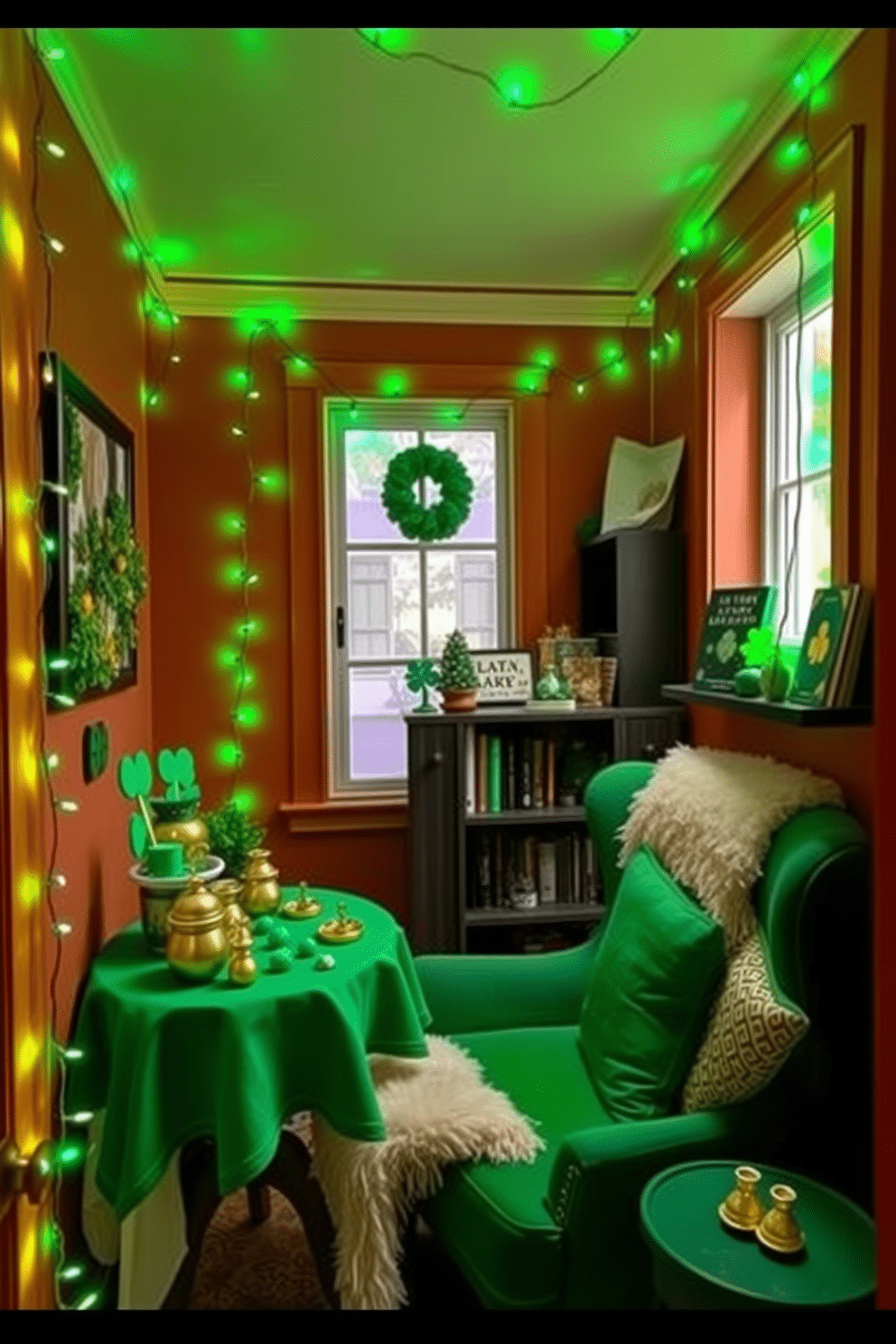 A cozy corner decorated for St. Patrick's Day, featuring vibrant green fairy lights draped along the walls and ceiling, creating a whimsical ambiance. A small table adorned with a festive green tablecloth holds a collection of shamrock-themed decor, including miniature pots of gold and decorative clovers. In this compact space, a charming green armchair is positioned next to a window, with a plush throw blanket and a few green and gold cushions adding comfort. A small shelf displays an array of St. Patrick's Day-themed books and trinkets, enhancing the festive atmosphere.