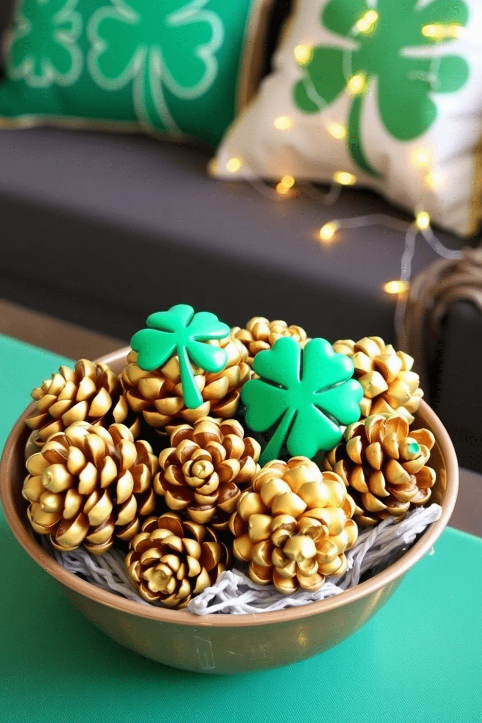 A collection of gold-painted pinecones arranged in a decorative bowl, adding a touch of elegance to any tabletop. The warm metallic finish of the pinecones contrasts beautifully with natural textures, creating a cozy yet sophisticated atmosphere. Creative small space St. Patrick's Day decorating ideas featuring green accents and festive elements. Incorporate shamrock-themed cushions and a garland of twinkling lights to enhance the charm of your compact living area.