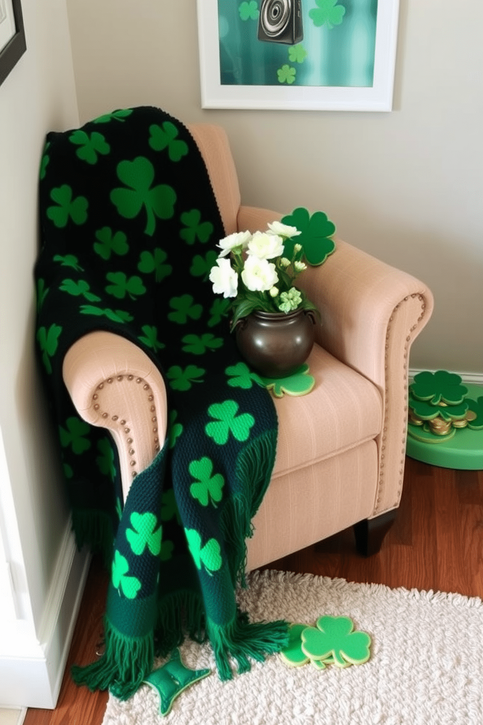 A cozy nook adorned with a clover-patterned throw blanket draped over a plush armchair. The blanket features vibrant green hues, adding a festive touch to the space while inviting warmth and comfort. Incorporate small decorative elements like shamrock coasters and a green accent pillow to enhance the St. Patrick's Day theme. A simple centerpiece with a pot of gold coins and fresh white flowers completes the charming, seasonal decor.