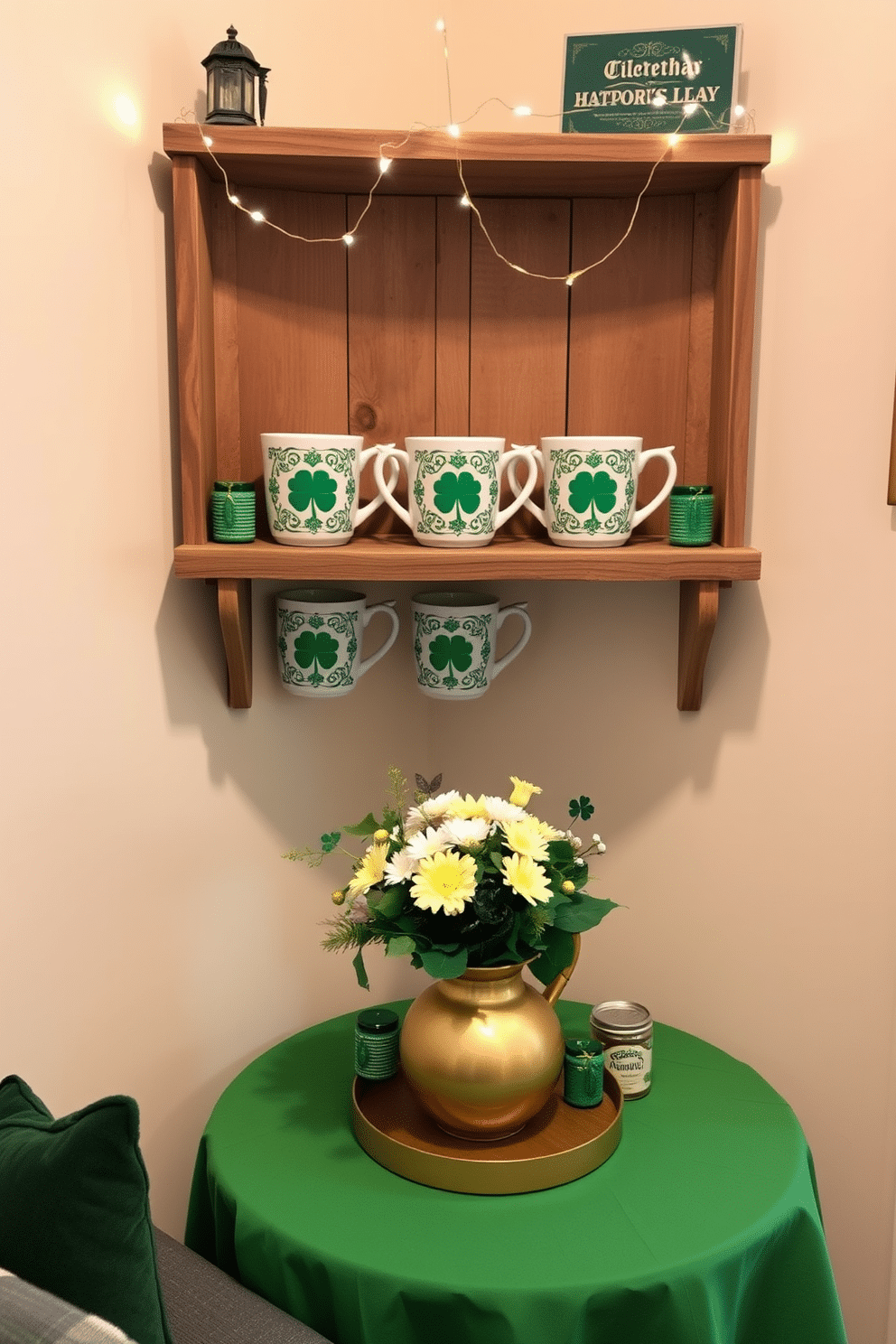 A cozy corner featuring Irish-themed coffee mugs displayed on a rustic wooden shelf. The mugs are adorned with traditional Celtic patterns, surrounded by small decorative elements like shamrocks and a festive green tablecloth. In a compact living room, a small table is set up for St. Patrick's Day with a cheerful arrangement of green and gold accents. Delicate fairy lights twinkle above, illuminating a charming centerpiece of fresh flowers and seasonal decorations.