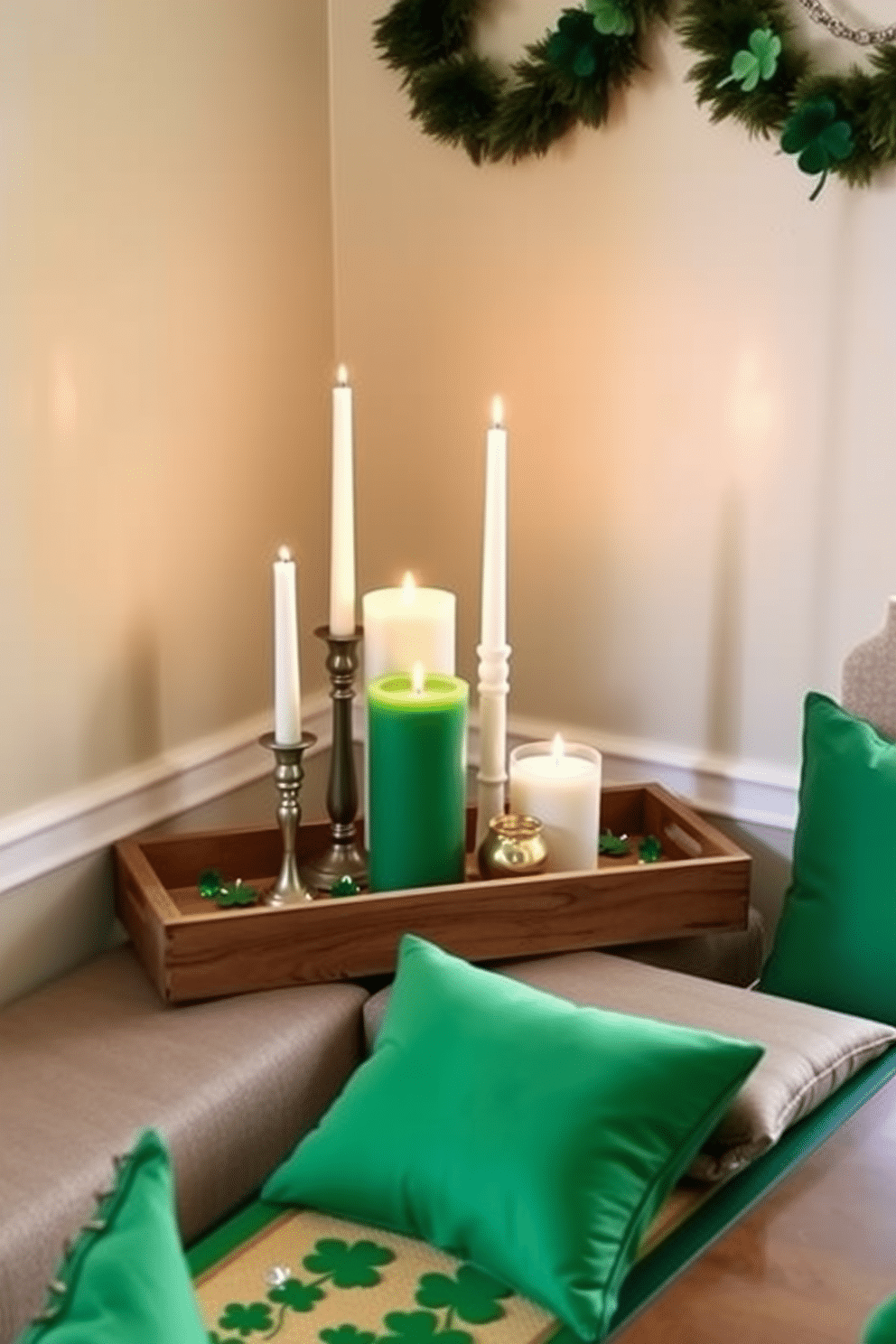 A cozy corner features an arrangement of green and white candles of varying heights, placed on a rustic wooden tray. The soft glow of the candles casts a warm light, enhancing the inviting atmosphere of the space. Incorporate small decorative elements like shamrocks and gold accents to celebrate St. Patrick's Day. A few strategically placed green cushions and a festive table runner complete the look, making the area feel festive yet sophisticated.