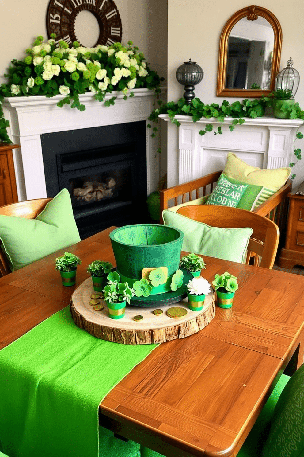 A whimsical leprechaun hat centerpiece sits atop a rustic wooden dining table, adorned with vibrant green and gold accents. Surrounding the hat, small pots of shamrocks and gold coins create a festive atmosphere, inviting guests to celebrate St. Patrick's Day in style. In a cozy living room, soft green cushions and throw blankets complement the decor, while a garland of shamrocks drapes gracefully across the mantel. A cheerful arrangement of fresh flowers in shades of white and green adds a touch of elegance to the small space, making it feel inviting and festive.