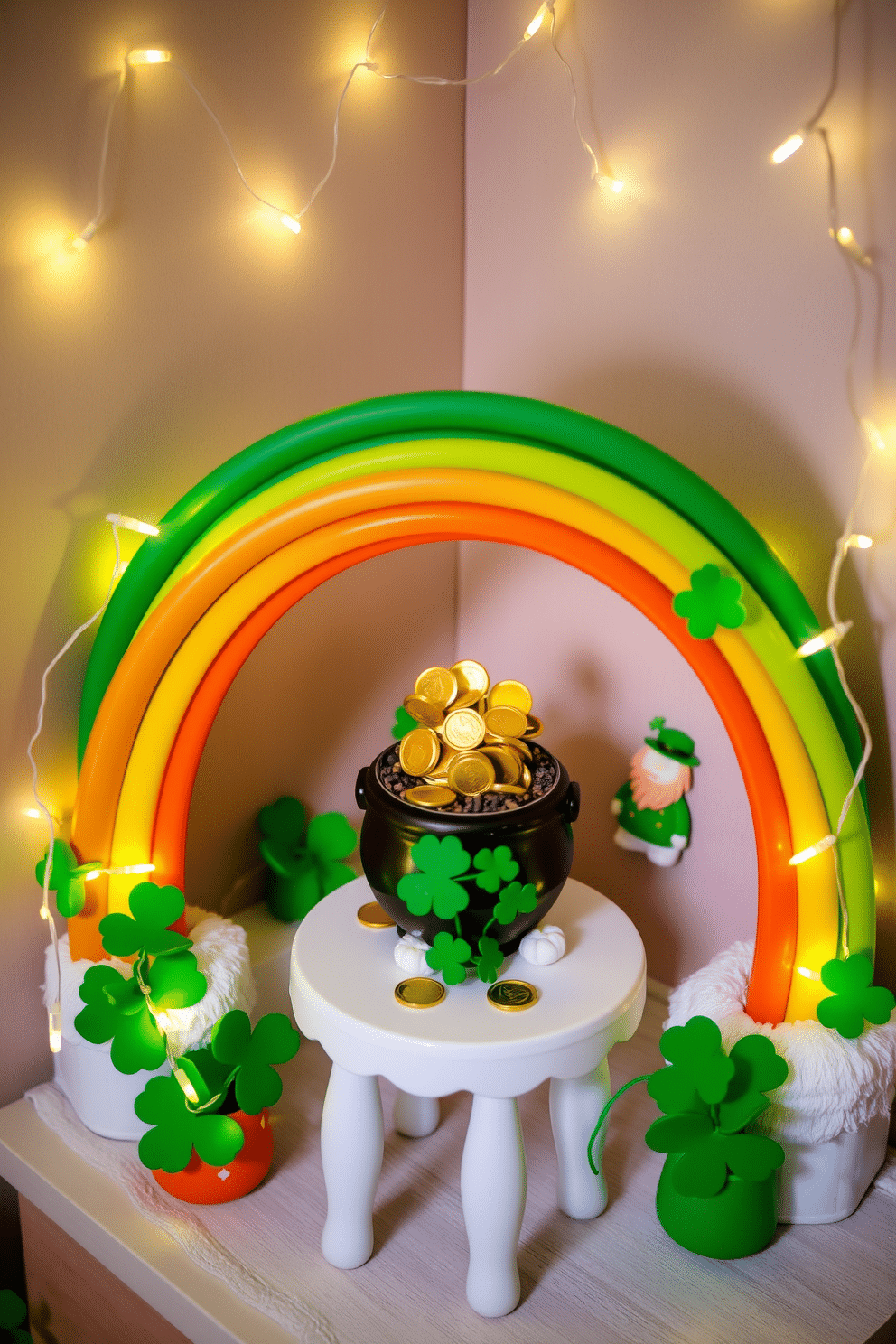 A whimsical St. Patrick's Day decor scene featuring a mini rainbow arching over a charming pot of gold. The pot is filled with shiny gold coins, and vibrant green shamrocks surround it, adding a festive touch to the small space. The backdrop showcases a cozy corner with a small table adorned with a green tablecloth and playful leprechaun figurines. Soft, twinkling fairy lights drape around the area, creating a warm and inviting atmosphere for the holiday celebration.