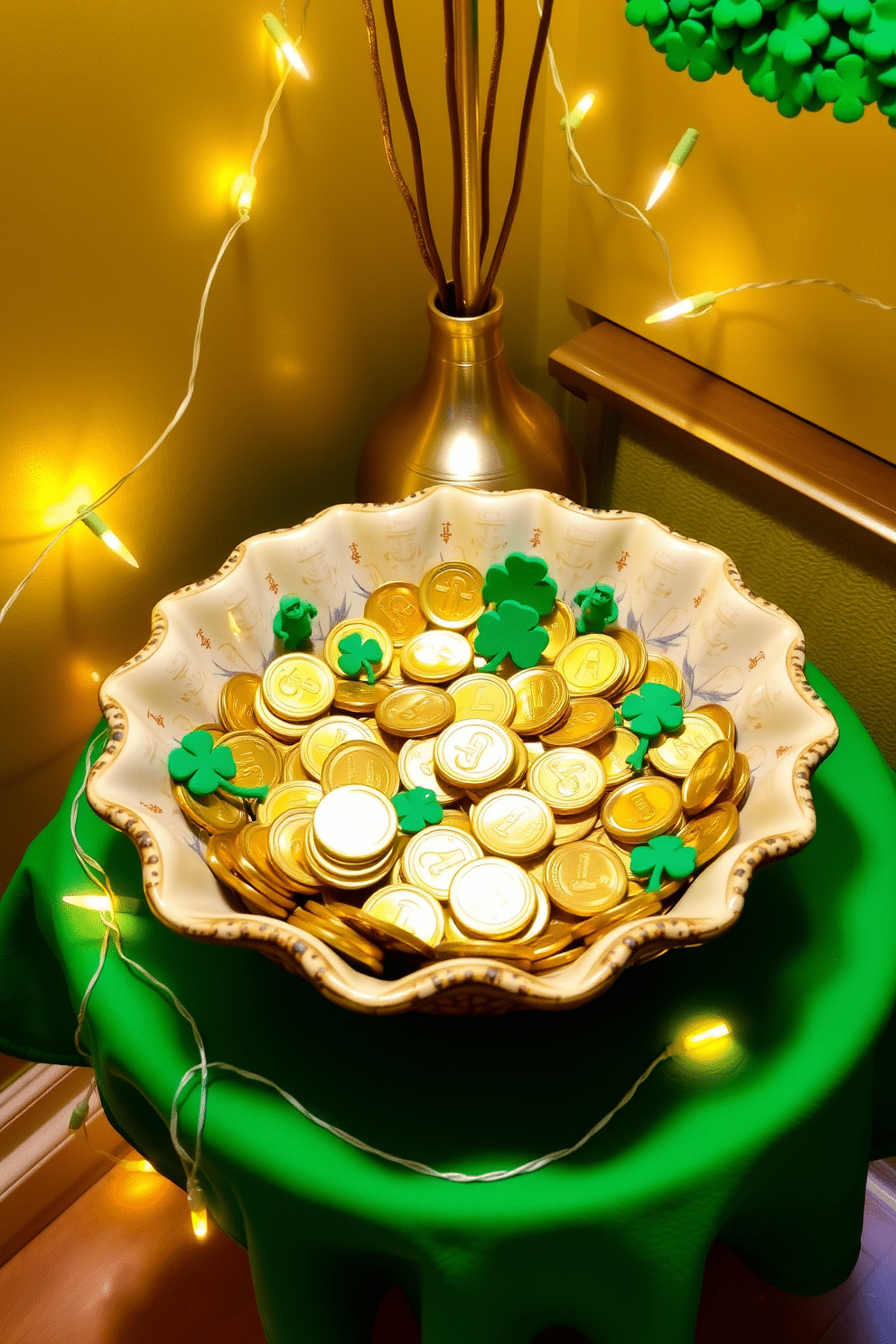 A charming gold coin dish display featuring an assortment of shiny gold coins arranged in a decorative bowl. Surrounding the dish are small green accents, such as shamrocks and mini leprechaun figurines, adding a festive touch for St. Patrick's Day. In a cozy corner, a small table is adorned with a vibrant green tablecloth, topped with the gold coin dish as the centerpiece. To enhance the decor, string lights are draped around the table, creating a warm and inviting atmosphere.