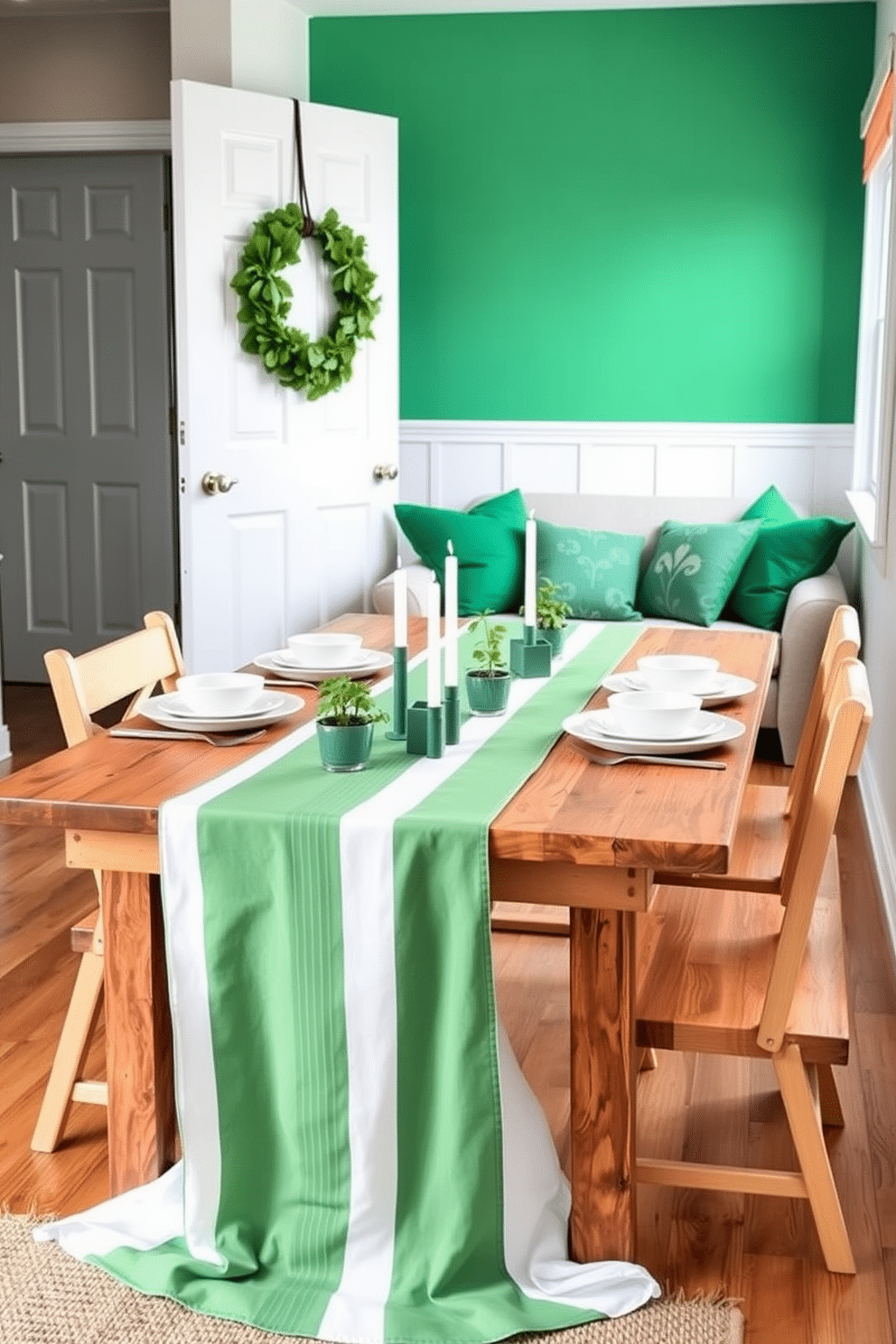 A charming dining setup featuring a green and white table runner draping elegantly over a rustic wooden table. The table is adorned with small potted shamrocks, festive candles, and delicate white dinnerware, creating a cozy atmosphere for St. Patrick's Day celebrations. In a compact living area, a vibrant green accent wall serves as the backdrop for a minimalist display of St. Patrick's Day decor. A few strategically placed green cushions and a small wreath made of fresh greenery hang on the door, enhancing the festive spirit without overwhelming the space.