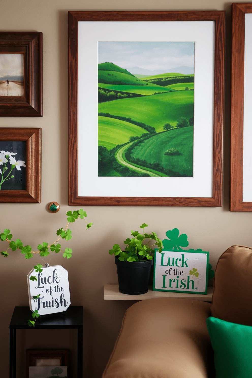 A cozy living room adorned with Irish-themed wall art, featuring a vibrant green landscape painting that captures the essence of the Emerald Isle. The artwork is complemented by rustic wooden frames, enhancing the warm and inviting atmosphere of the space. In a small corner, festive St. Patrick's Day decorations add charm, with a delicate garland of shamrocks draping across a shelf. A small potted plant with bright green leaves sits beside a cheerful sign that reads 