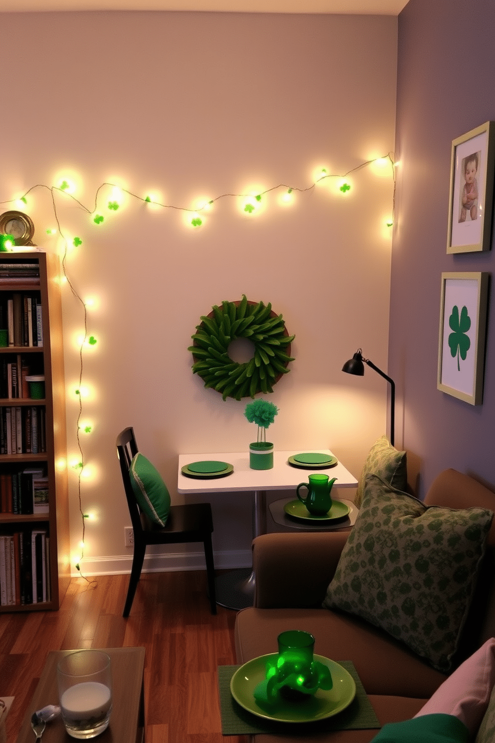 A cozy living area adorned with shamrock string lights creates a festive ambiance for St. Patrick's Day. The lights are draped across a bookshelf, illuminating the space with a warm, inviting glow while complementing green accents throughout the room. In a small dining nook, a simple table is set with green tableware and a centerpiece of fresh shamrocks. The walls are decorated with subtle St. Patrick's Day-themed art, enhancing the festive spirit without overwhelming the compact space.