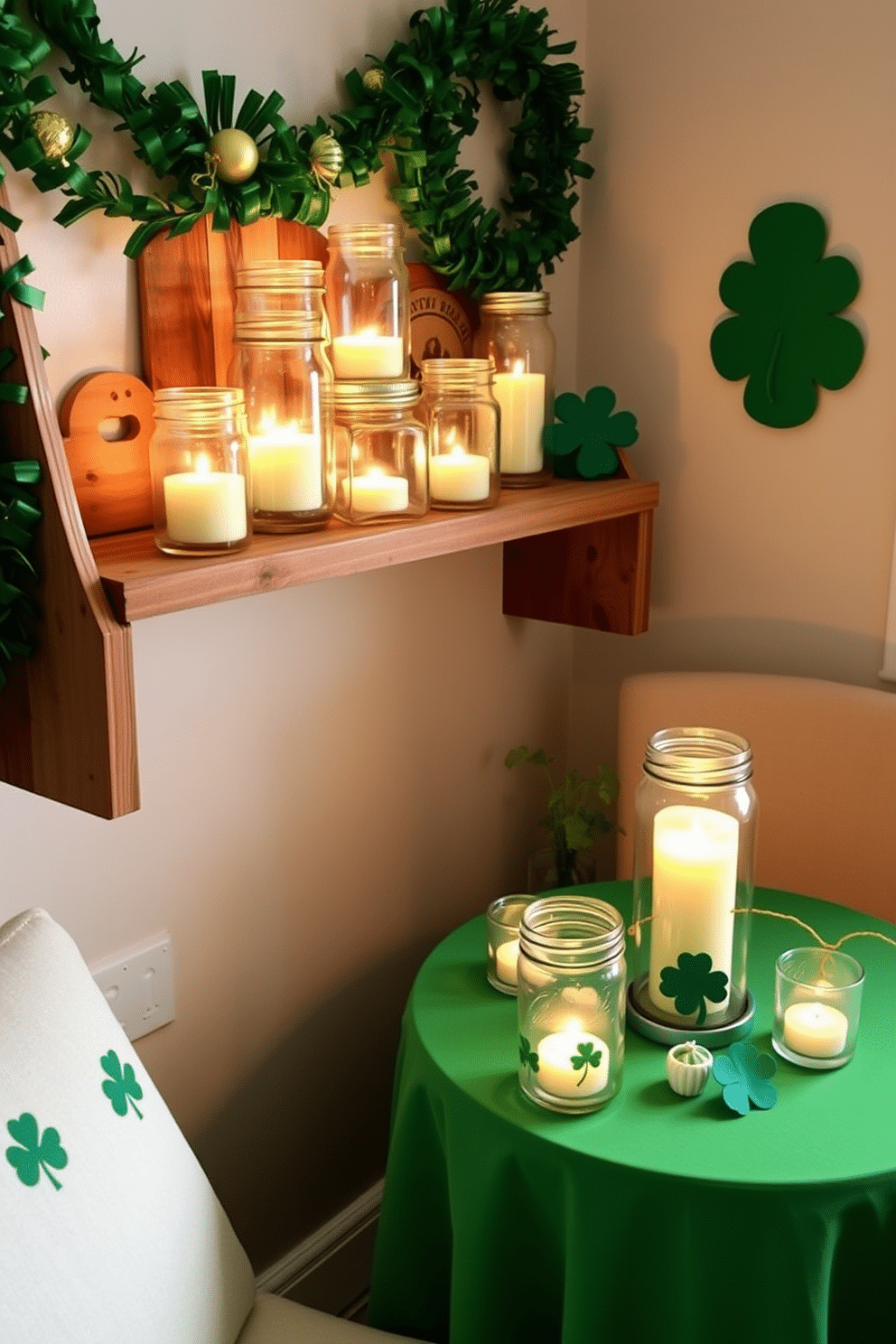 A cozy corner featuring mason jar candle holders arranged on a rustic wooden shelf. Each jar is filled with soft, flickering candles, creating a warm ambiance, complemented by a backdrop of green and gold decorations for St. Patrick's Day. A small dining table adorned with a simple green tablecloth, showcasing mason jar candle holders as centerpieces. Surrounding the table are delicate shamrock accents and small potted plants, enhancing the festive yet intimate atmosphere for St. Patrick's Day celebrations.