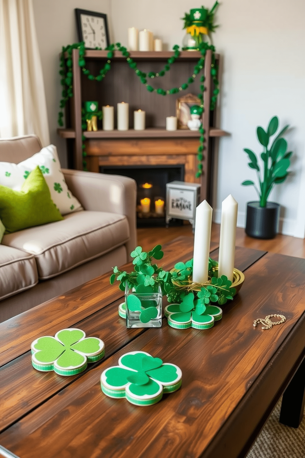 A charming setup featuring lucky clover coasters placed on a rustic wooden coffee table, surrounded by a cozy seating area adorned with green and gold accents. Soft lighting enhances the festive atmosphere, while small potted clovers and shamrock-themed decor add a touch of St. Patrick's Day spirit. In a compact living room, a minimalist approach to St. Patrick's Day is showcased with delicate green garlands draped across a shelf, complemented by simple white candles. A small, vibrant centerpiece made of clovers and gold accents sits on the table, creating an inviting and festive focal point without overwhelming the space.