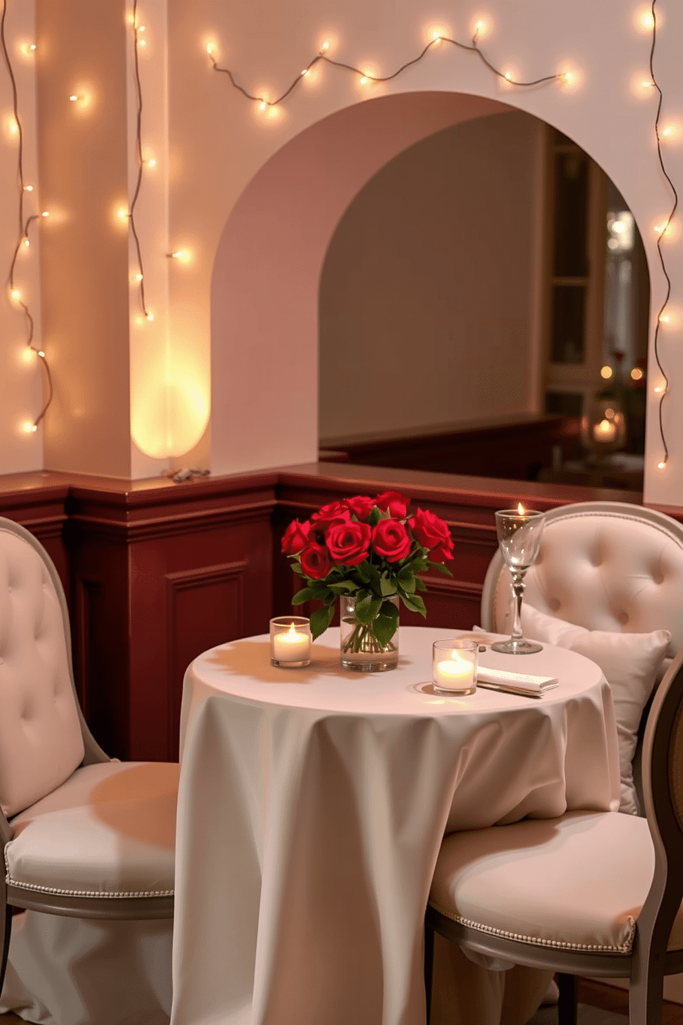 A romantic candlelit dinner nook features a small, round table draped with a soft, white tablecloth. Surrounding the table are two elegant chairs with plush cushions, and flickering candles in glass holders create a warm, inviting glow. The walls are adorned with delicate fairy lights, adding a whimsical touch to the intimate space. A small bouquet of red roses sits in the center of the table, complemented by fine china and crystal glassware for an enchanting Valentine's Day atmosphere.