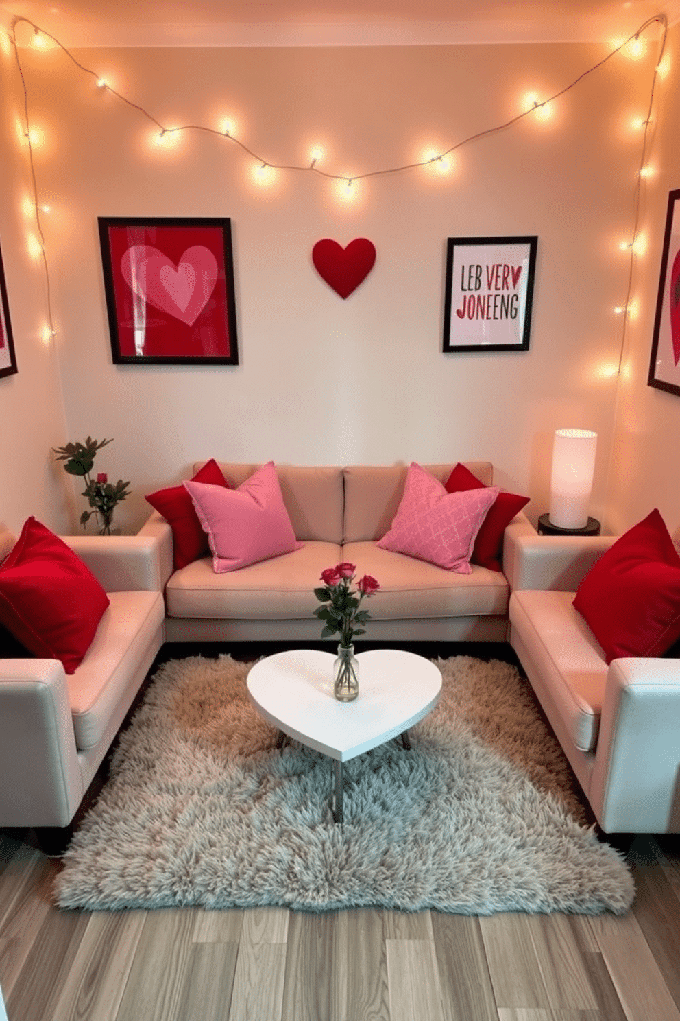 A cozy living room designed for Valentine's Day, featuring a small sofa adorned with red and pink throw pillows. A heart-shaped coffee table sits in the center, surrounded by soft, ambient lighting from string lights draped above. On the walls, framed art pieces in shades of red and pink add a romantic touch, while a small vase filled with fresh roses rests on the table. A plush area rug in neutral tones anchors the space, creating an inviting atmosphere perfect for celebrating love in a compact setting.