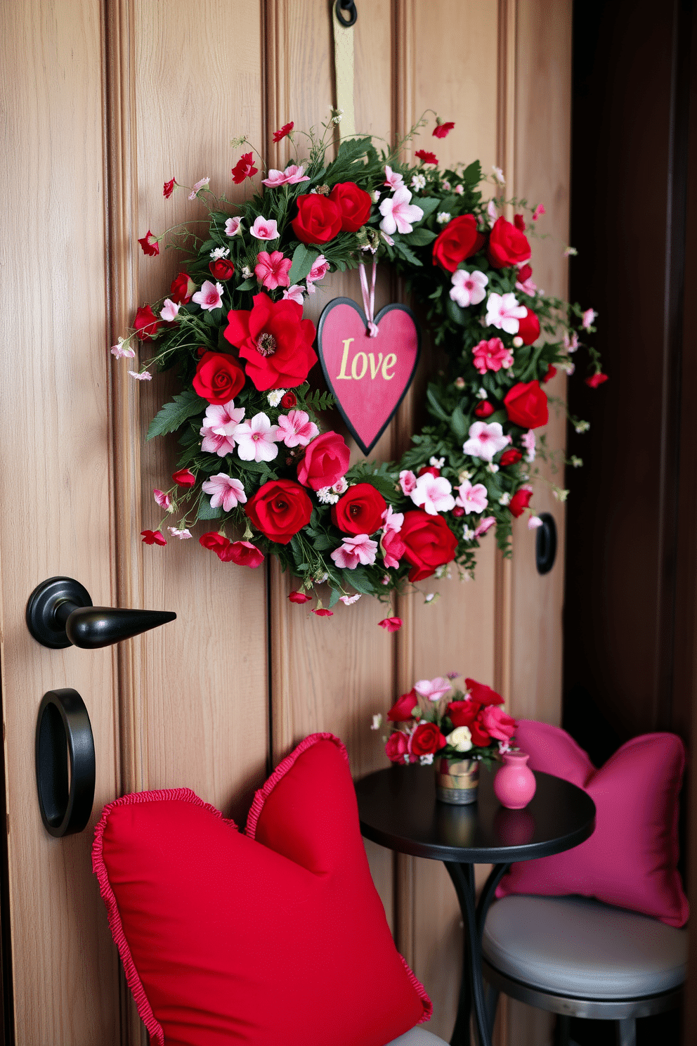 A charming Valentine's Day wreath adorned with red and pink flowers, heart-shaped accents, and delicate greenery hangs on a rustic wooden door. The wreath features a mix of faux and fresh elements, creating a vibrant and inviting focal point that celebrates love and warmth. For small space Valentine's Day decorating ideas, a cozy nook is transformed with soft, romantic lighting and a small table set for two. Heart-themed cushions and a simple floral centerpiece bring a touch of affection to the space, making it perfect for intimate gatherings.