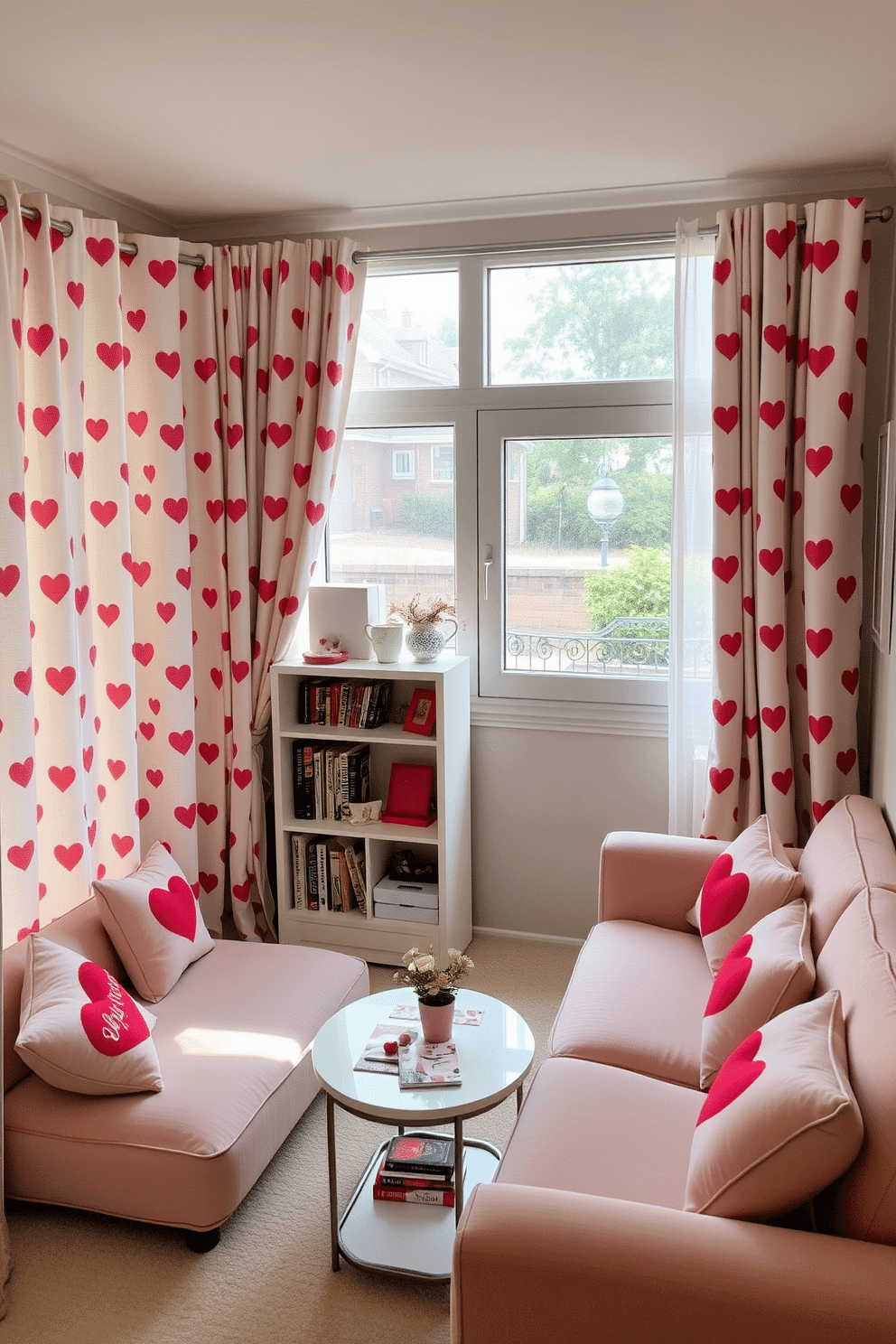 A cozy living room adorned with heart-patterned curtains that gently frame a large window, allowing soft natural light to filter in. The curtains are complemented by a plush, pastel-colored sofa and a small coffee table adorned with heart-themed decor. In a corner, a compact bookshelf displays an array of romantic novels and decorative items. A few strategically placed cushions with heart motifs add a festive touch, creating an inviting atmosphere perfect for celebrating Valentine's Day in a small space.