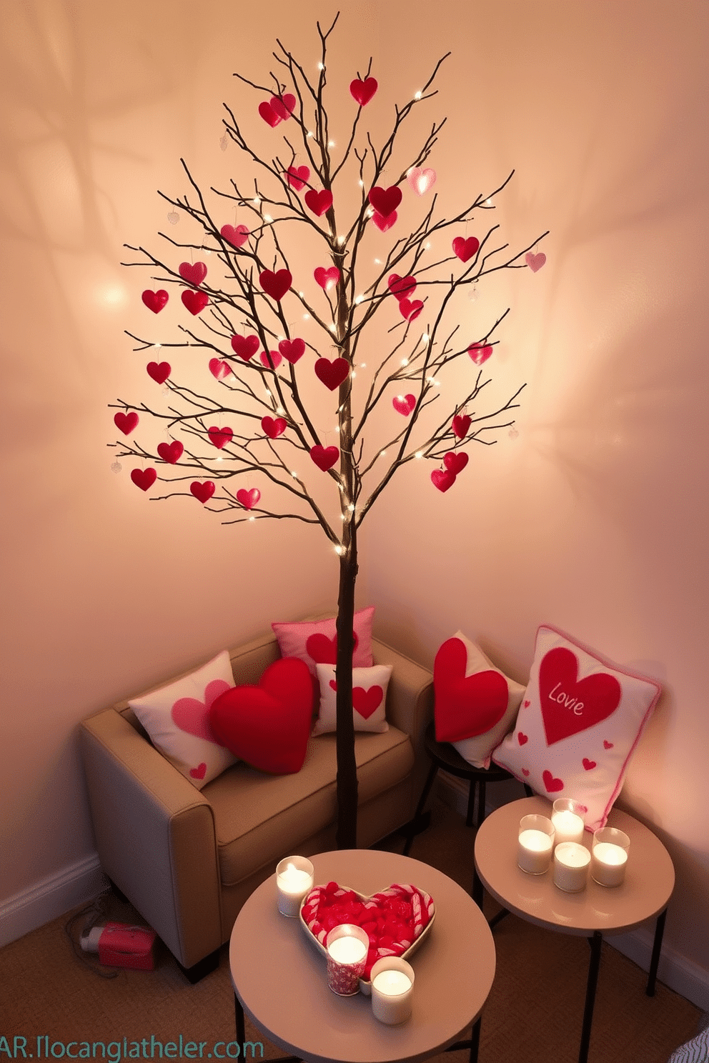 A charming miniature Valentine's Day tree stands in the corner, adorned with delicate pink and red heart-shaped ornaments. Twinkling fairy lights wrap around its branches, casting a warm glow that enhances the cozy atmosphere of the small space. The decor features a collection of heart-themed cushions on a compact sofa, adding a playful touch to the seating area. A small table displays a heart-shaped centerpiece, surrounded by candles that create an inviting ambiance for the celebration.