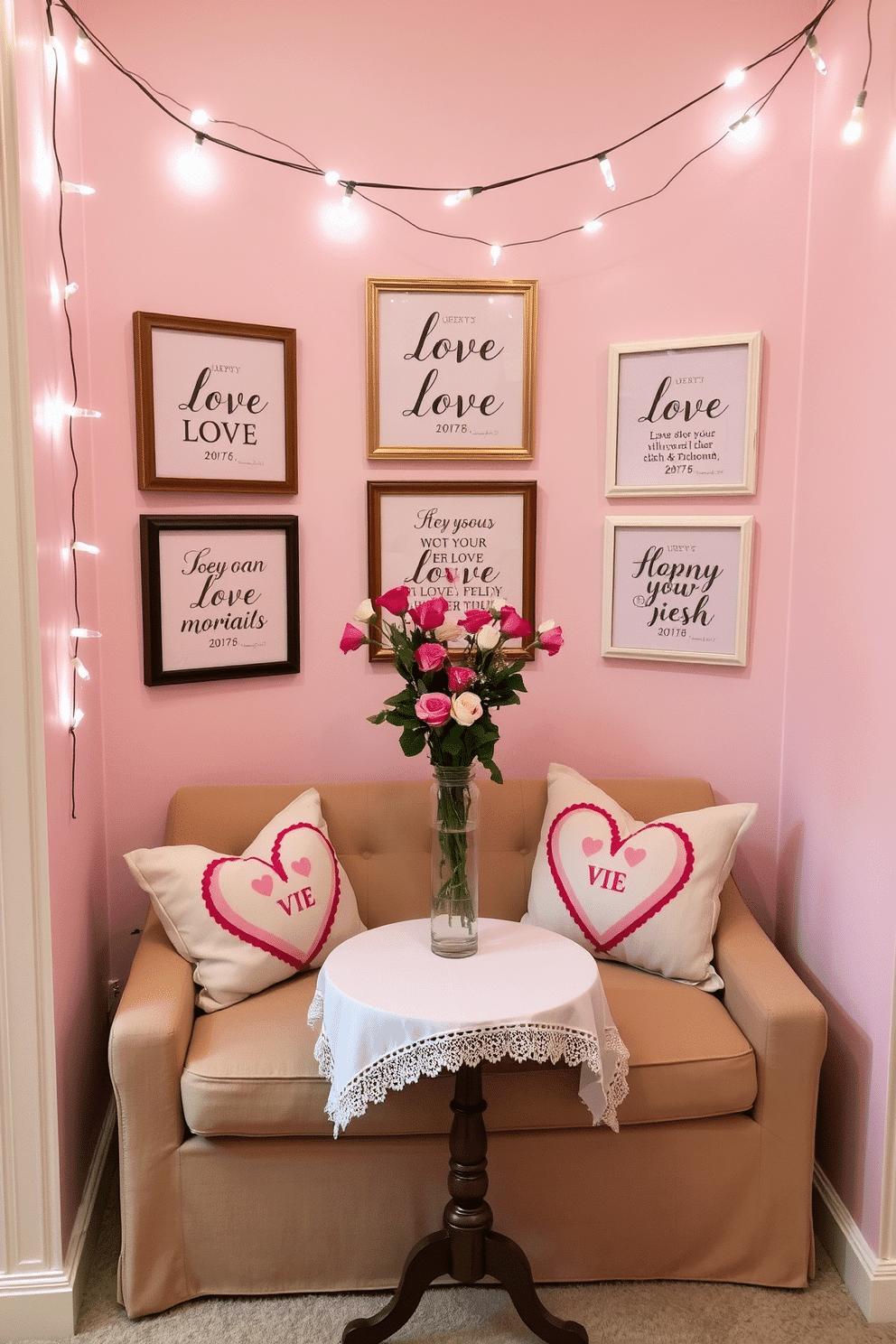 A cozy corner featuring framed love quotes in elegant typography, arranged in a gallery style on a soft pastel wall. Below the frames, a small table adorned with a delicate tablecloth holds a vase filled with fresh flowers, creating a romantic atmosphere. In a compact living area, a plush loveseat is accessorized with heart-patterned throw pillows, inviting warmth and affection. A string of fairy lights drapes above, casting a gentle glow that enhances the intimate setting for Valentine's Day celebrations.