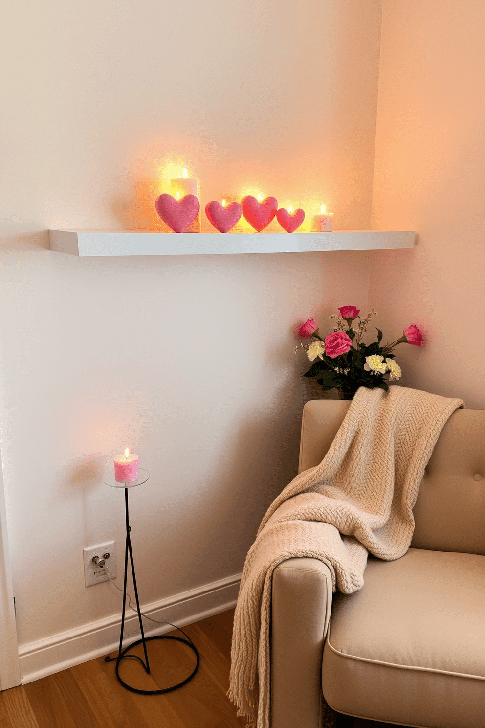 A cozy and romantic corner showcasing heart-shaped candles in various sizes, arranged artfully on a sleek, modern shelf. The soft glow of the candles illuminates the space, creating an inviting atmosphere perfect for a Valentine's Day celebration. In a small living room, a delicate floral arrangement complements the heart-shaped candles, enhancing the festive decor. A plush throw blanket drapes over a stylish armchair, inviting guests to relax and enjoy the intimate setting.