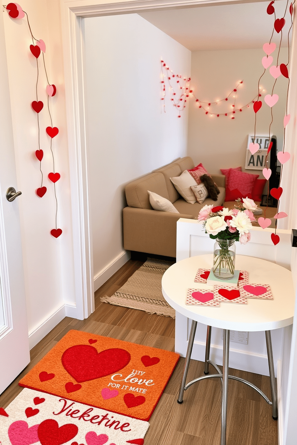 A charming Valentine's Day themed doormat welcomes guests with a playful design featuring hearts in shades of red and pink. The mat is placed at the entrance of a cozy apartment, enhancing the festive atmosphere with its cheerful colors and inviting message. In a small living space, delicate heart-shaped garlands are draped along the walls, adding a touch of romance without overwhelming the area. A simple centerpiece of fresh flowers in a vase sits on a compact dining table, complemented by heart-themed coasters that bring a cohesive Valentine’s Day feel to the decor.