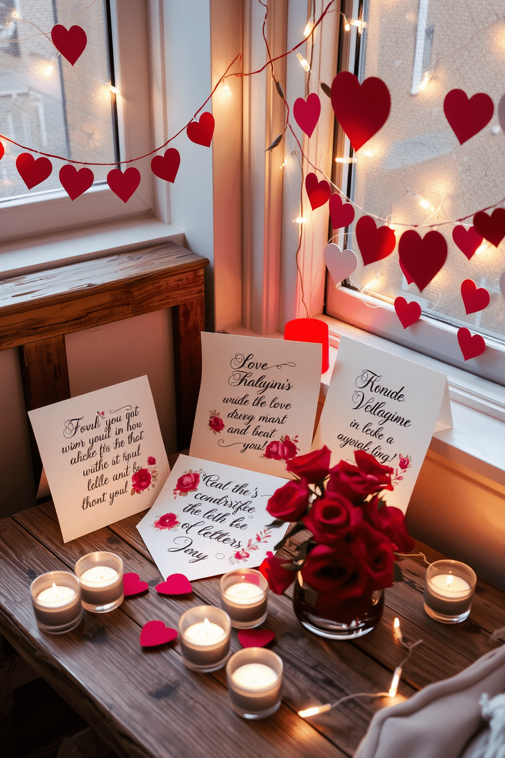 A charming display of decorative love letters is arranged on a rustic wooden table, surrounded by soft candlelight that creates a warm ambiance. The letters, crafted from elegant cardstock, feature romantic calligraphy and are adorned with delicate floral accents, enhancing the overall romantic atmosphere. In a cozy corner of a small space, whimsical Valentine's Day decorations bring joy and warmth, with heart-shaped garlands draped across the walls. A small vase of fresh red roses sits on a windowsill, complemented by twinkling fairy lights that add a magical touch to the intimate setting.