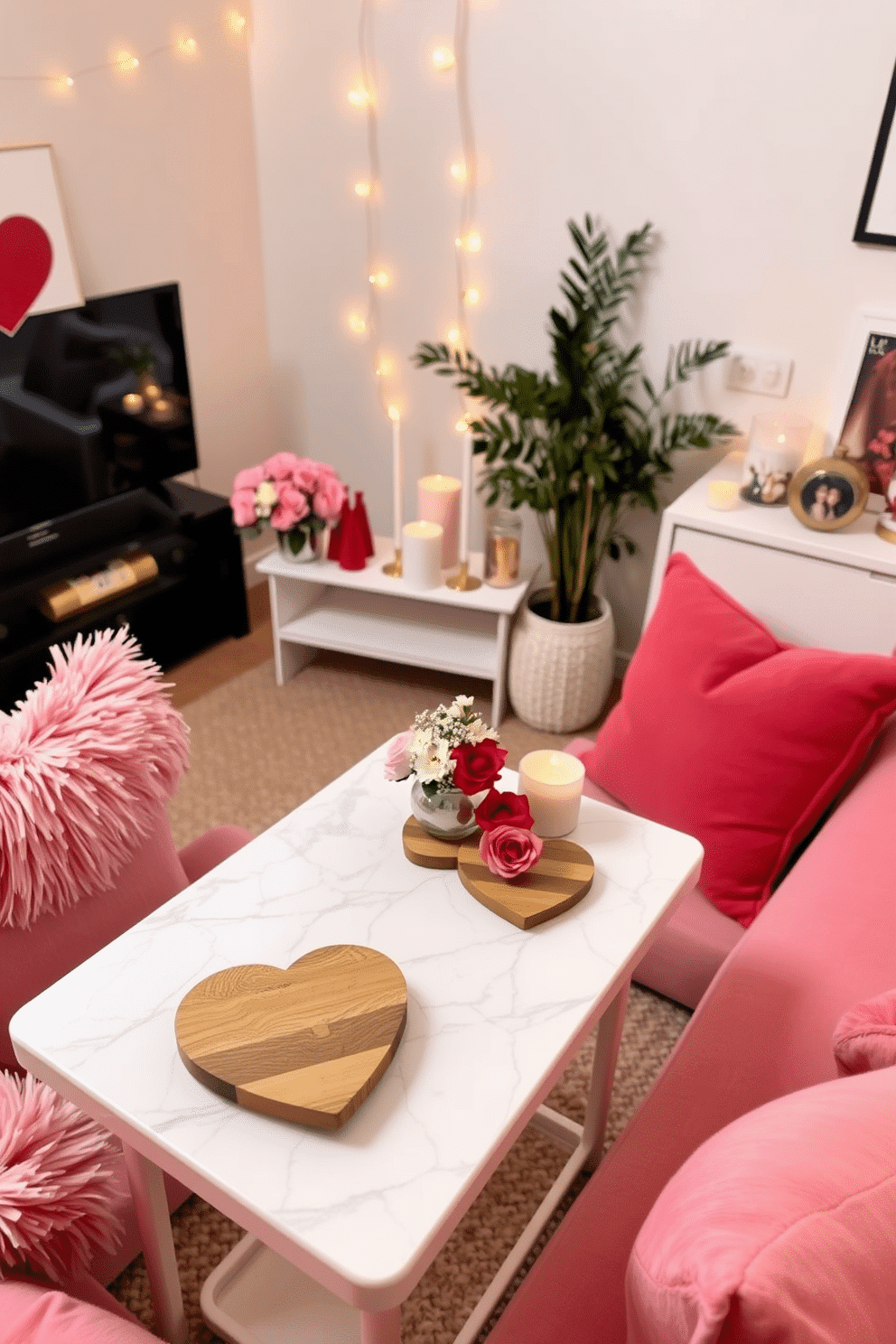 A cozy and romantic corner featuring heart-shaped coasters made of natural wood, elegantly placed on a white marble side table. Surrounding the table are plush cushions in shades of pink and red, creating a warm and inviting atmosphere perfect for a Valentine's Day celebration. In a small living room, a delicate arrangement of heart-shaped coasters complements a chic coffee table adorned with candles and fresh flowers. The space is decorated with soft fairy lights and subtle accents of love-themed decor, enhancing the intimate vibe for a special occasion.