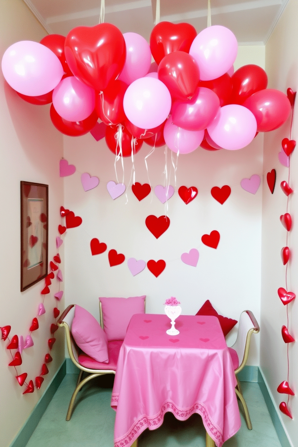 A charming small space decorated for Valentine's Day features clusters of pink and red balloons floating above a cozy seating area. The walls are adorned with heart-shaped garlands, and a small table is set with a romantic tablecloth, creating an intimate atmosphere.