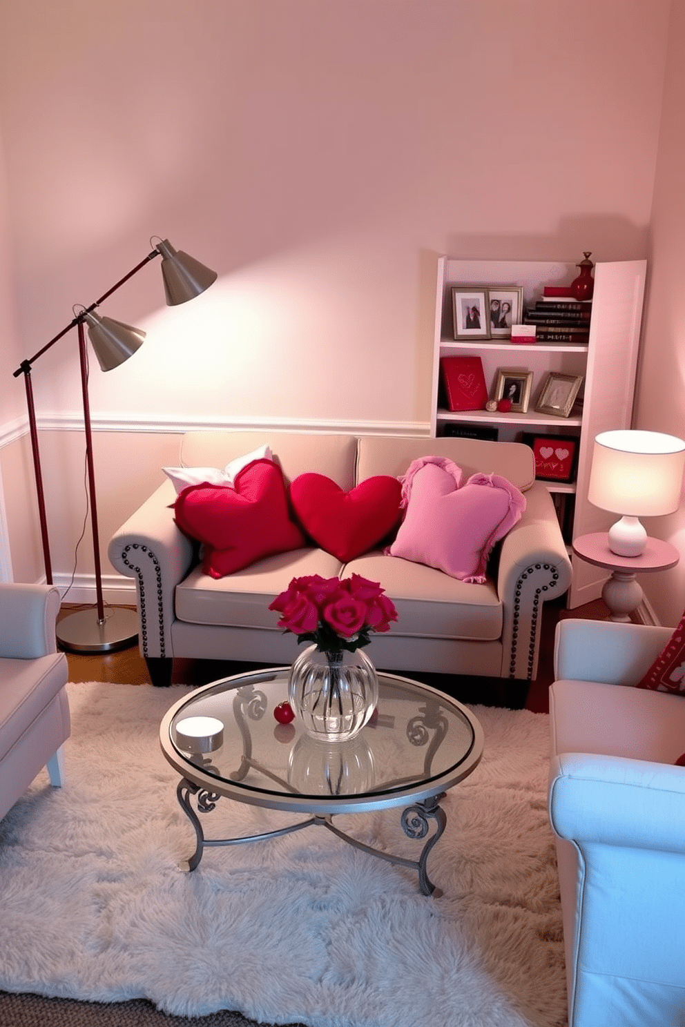 A cozy living room setting featuring a small loveseat adorned with heart-shaped throw pillows in various shades of red and pink. A delicate coffee table sits in front, topped with a heart-themed centerpiece and surrounded by soft, ambient lighting from stylish floor lamps. In the corner, a small bookshelf displays Valentine's Day-themed decorations, including framed photos and seasonal books. The walls are painted in a soft pastel hue, enhancing the romantic atmosphere of the space while maintaining a chic and inviting feel.