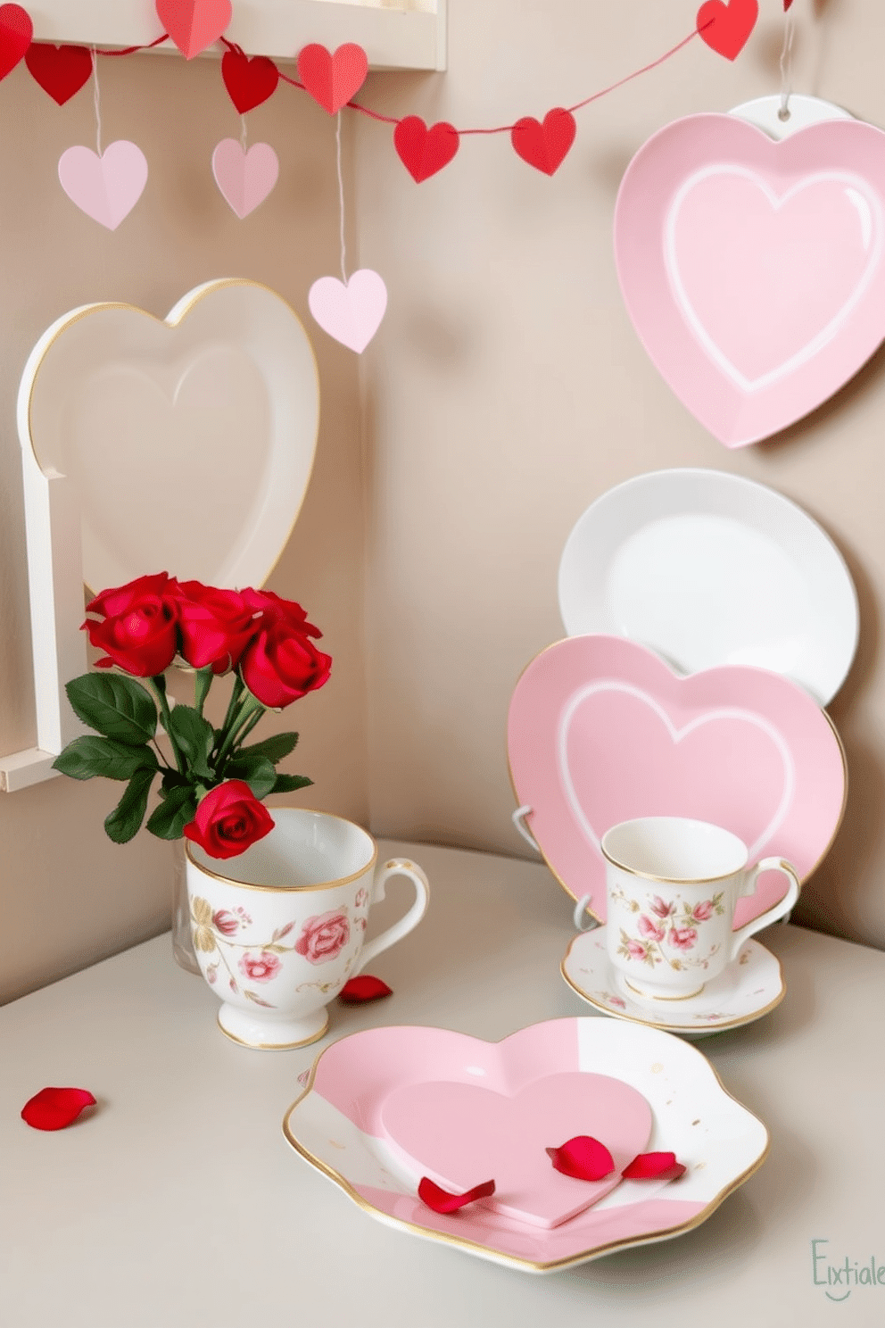 A charming Valentine's Day themed dishware set featuring heart-shaped plates in soft pink and white, adorned with delicate gold accents. The cups are elegantly designed with a floral pattern, perfect for serving hot cocoa or tea during a cozy dinner. Creative small space Valentine's Day decorating ideas include hanging heart garlands made from recycled paper, draped across walls or windows for a festive touch. A small table can be adorned with a simple vase filled with fresh red roses and a few scattered rose petals to create an intimate atmosphere.