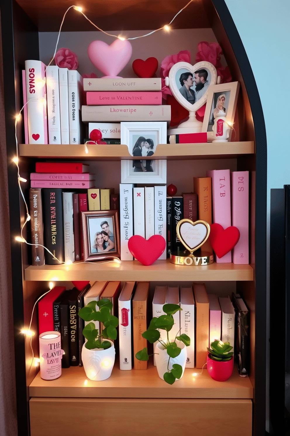 A charming love-themed bookshelf decor featuring an array of romantic novels and decorative items. Soft pink and red accents are sprinkled throughout, with heart-shaped bookends and framed photos of couples nestled among the books. Creative small space Valentine's Day decorating ideas that maximize charm without crowding the area. Delicate string lights are draped around the shelves, and small potted plants with heart-shaped leaves add a touch of greenery and love.